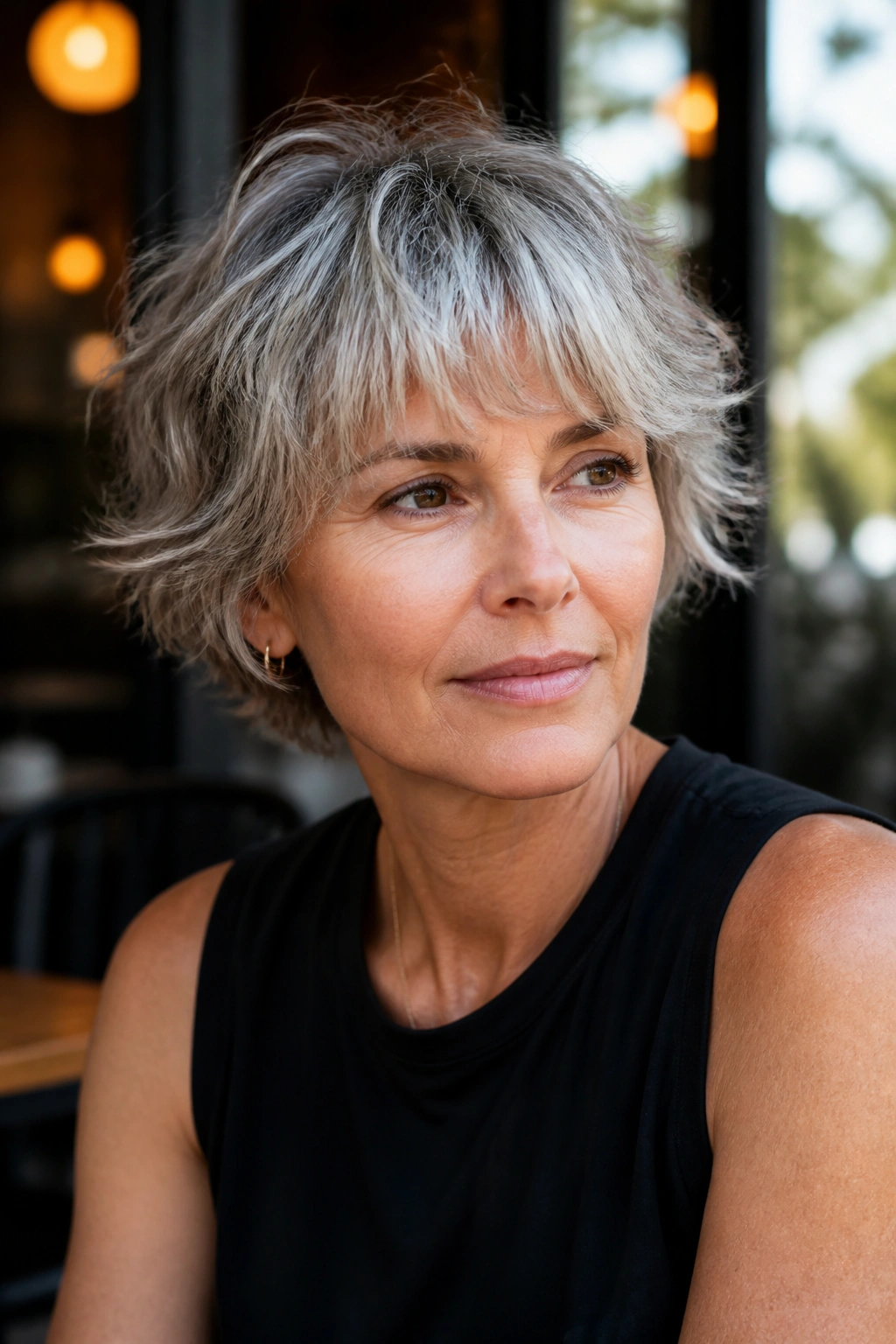 Close-up of a woman with ear-length tousled cut and piecey bangs