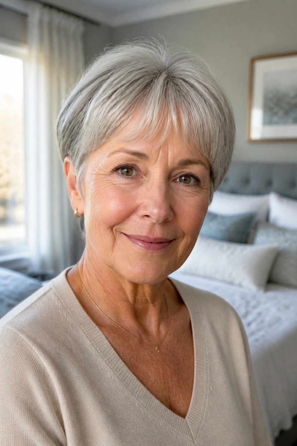 Close-up of a real woman with an ear-skimming cut in a bright morning bedroom