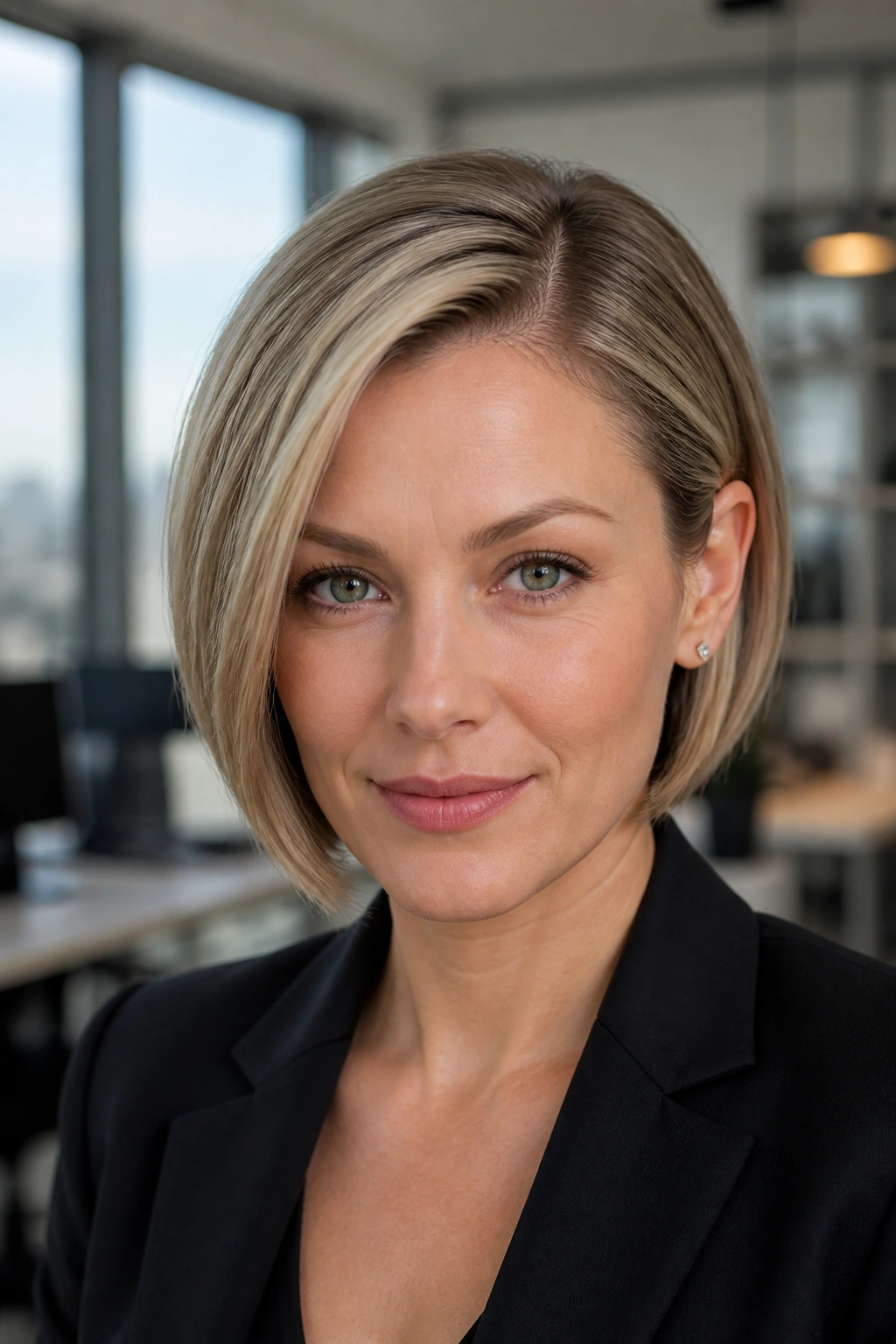 Close-up of a real woman with a sleek ear-tuck bob and deep side part