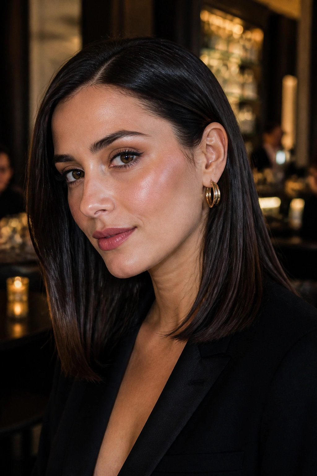 Close-up of a real woman with polished straight hair tucked behind the ear