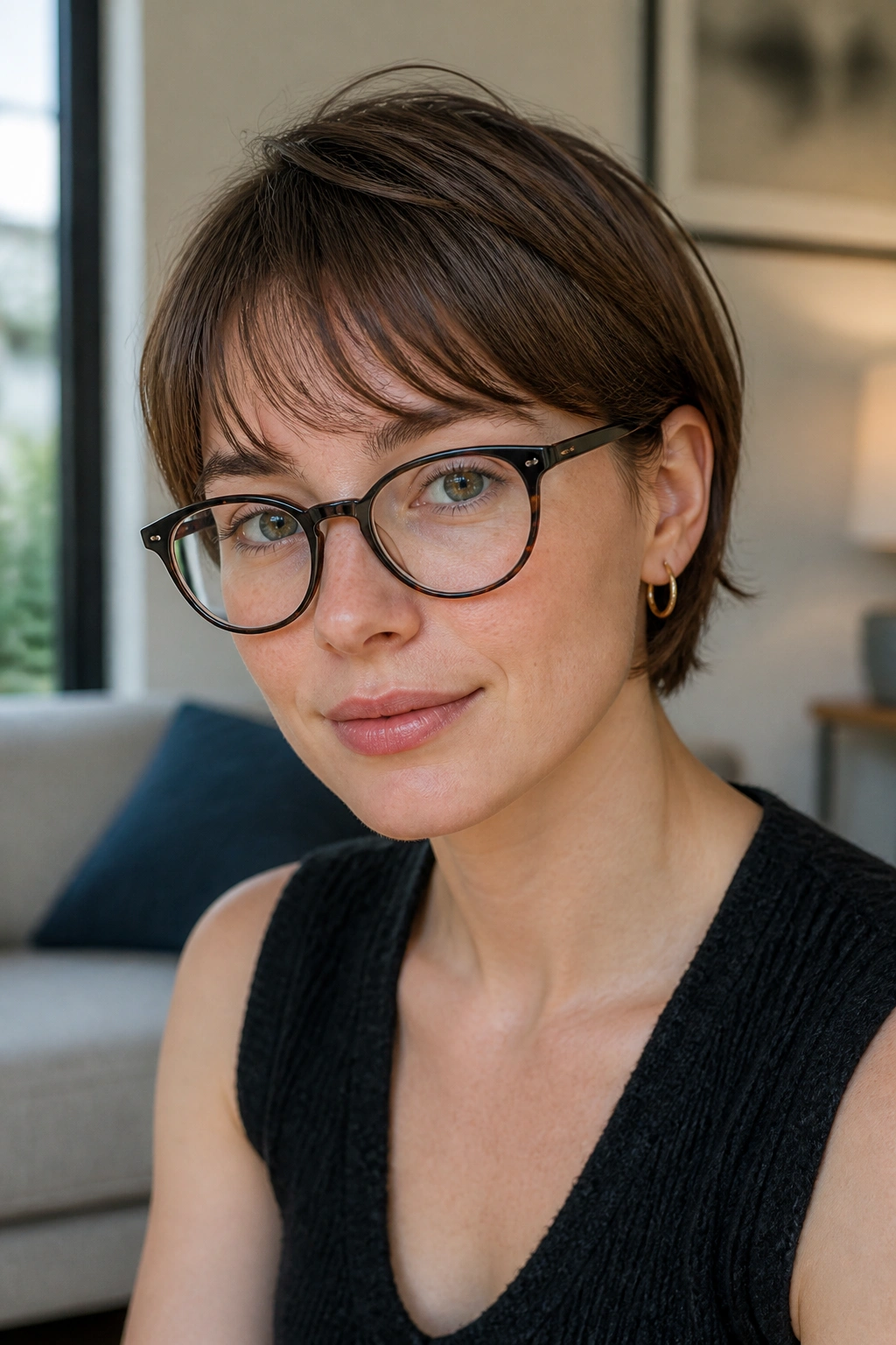 Close-up of a real person wearing glasses with ear-tucked fringe framing the eyes.