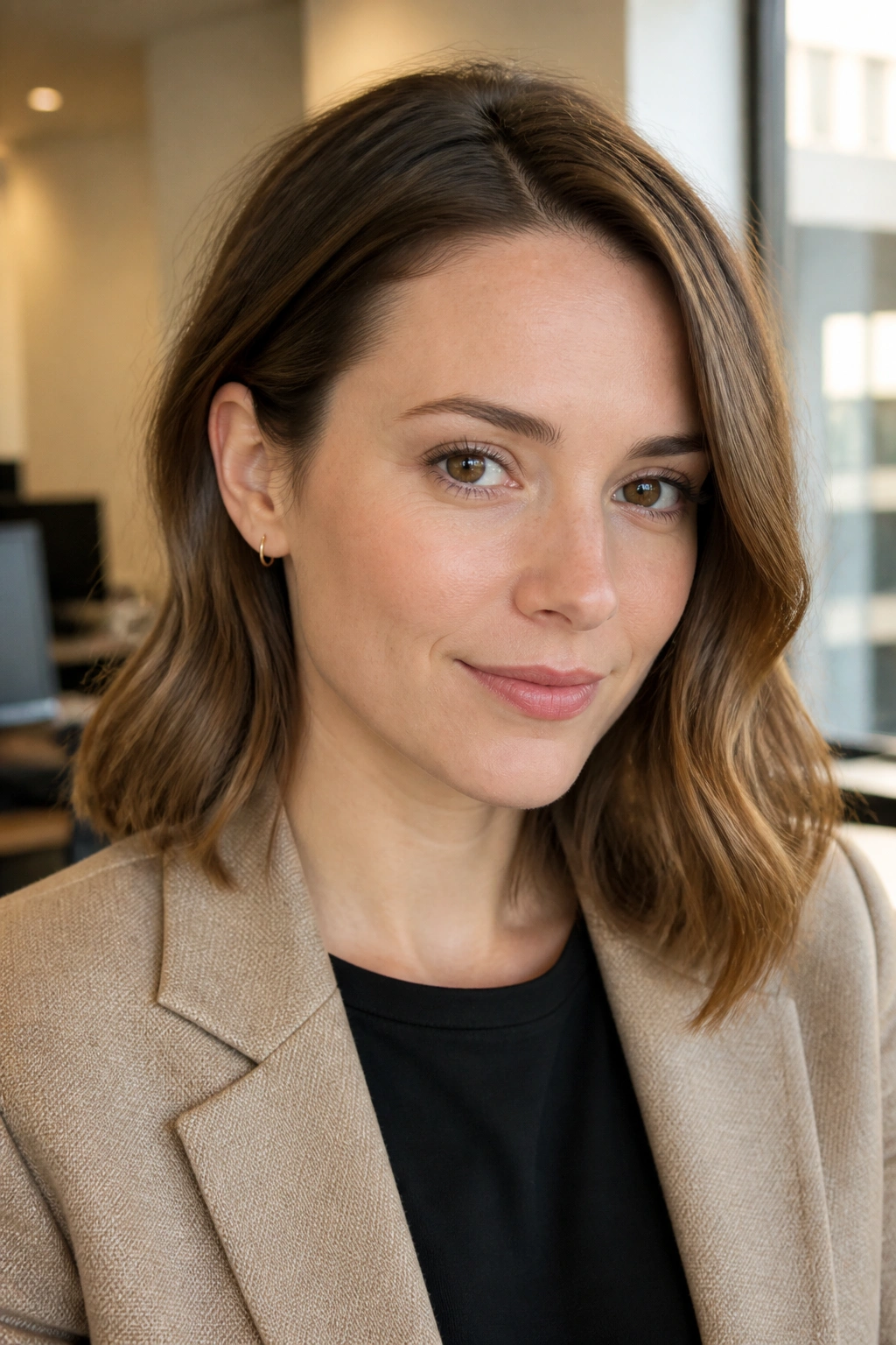 Real woman wearing an ear-tucked lob with a loose bend in an office setting.