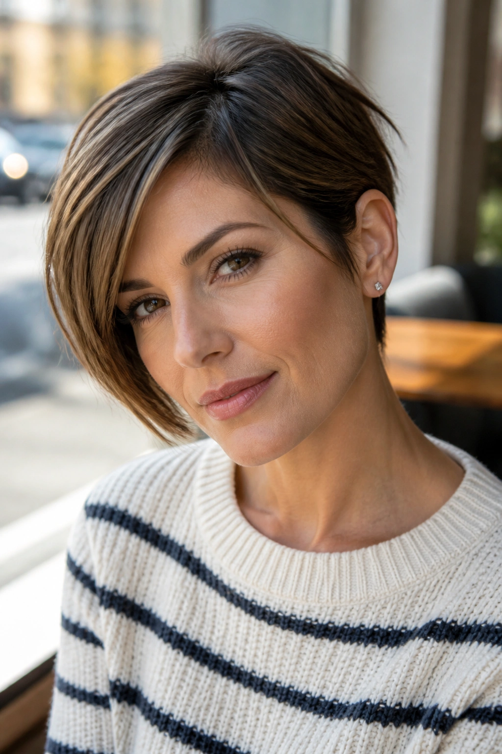 Real woman with ear-tucked pixie and face-framing sides.