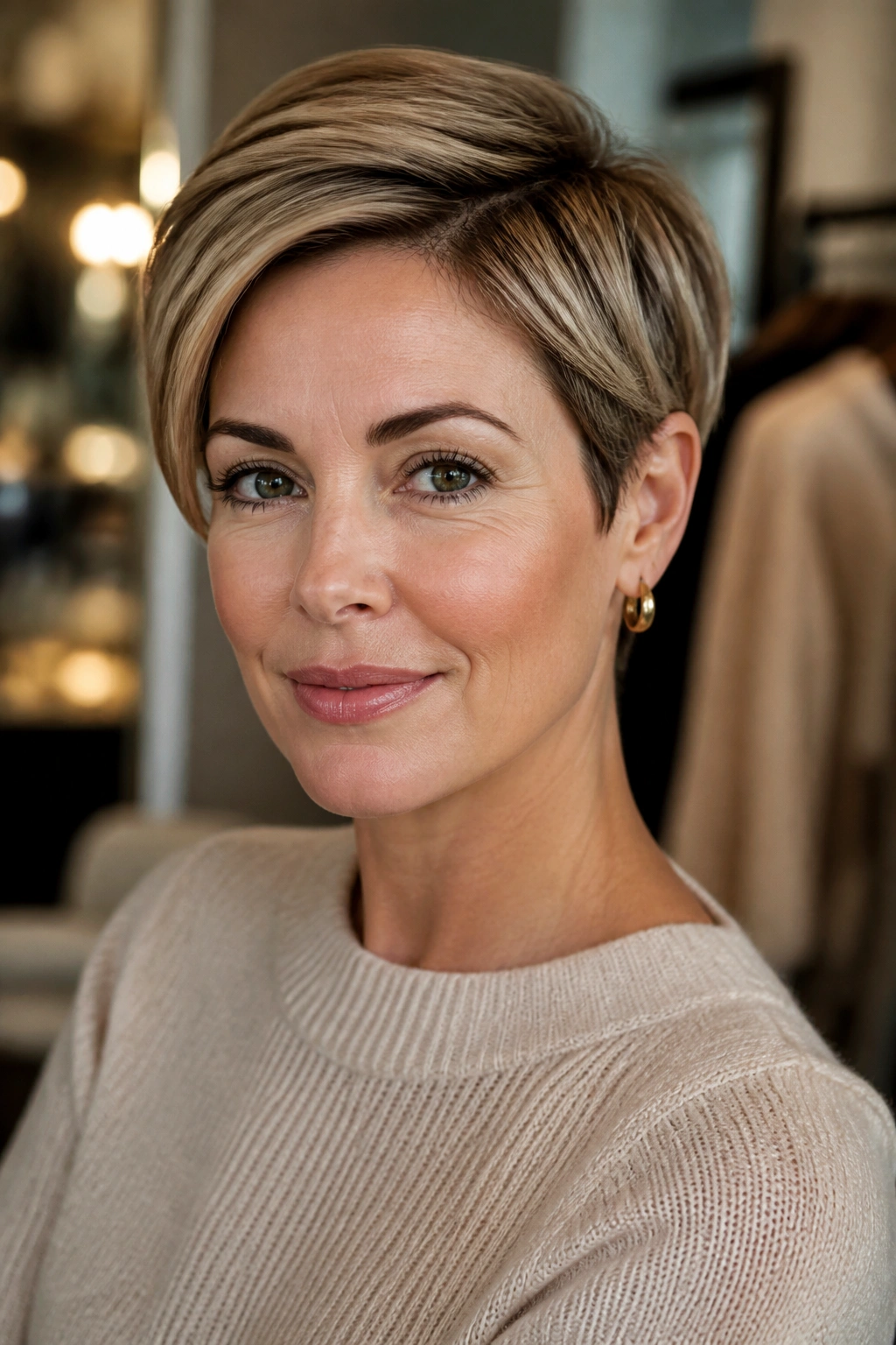 Close-up of a real woman with an ear-tucked pixie behind-the-ear styling in soft indoor light