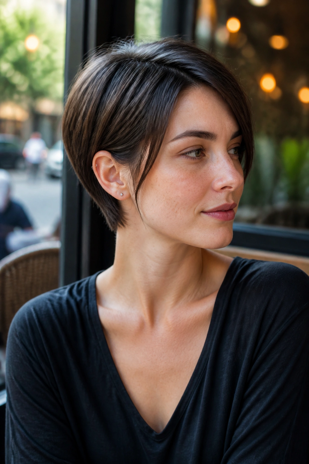 Close-up portrait of a real person with ear-tucked long pixie and long front pieces tucked behind the ear