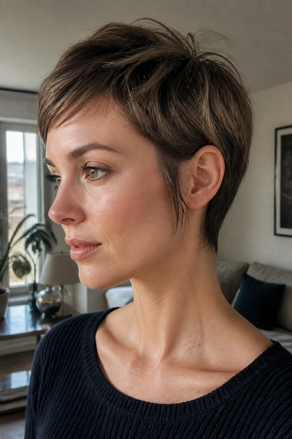 Portrait of a real person wearing ear-tucked pixie with long sideburns in apartment light