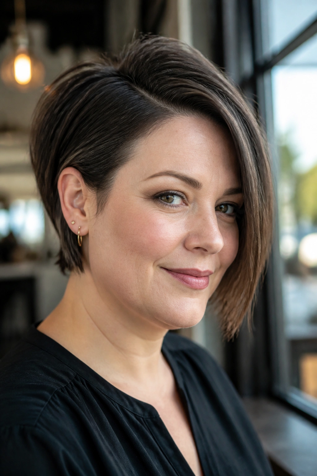 Close-up portrait of a real woman with ear-tucked pixie and longer side