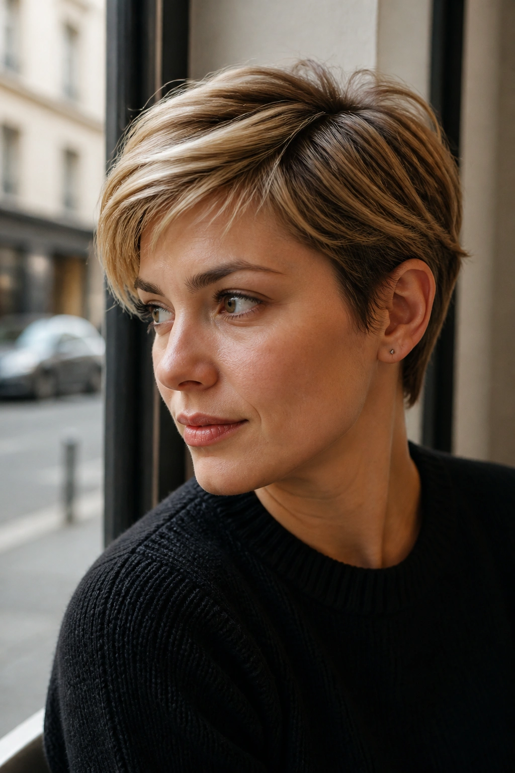 Close-up of a real person with an ear-tucked pixie hairstyle and visible tucked side.
