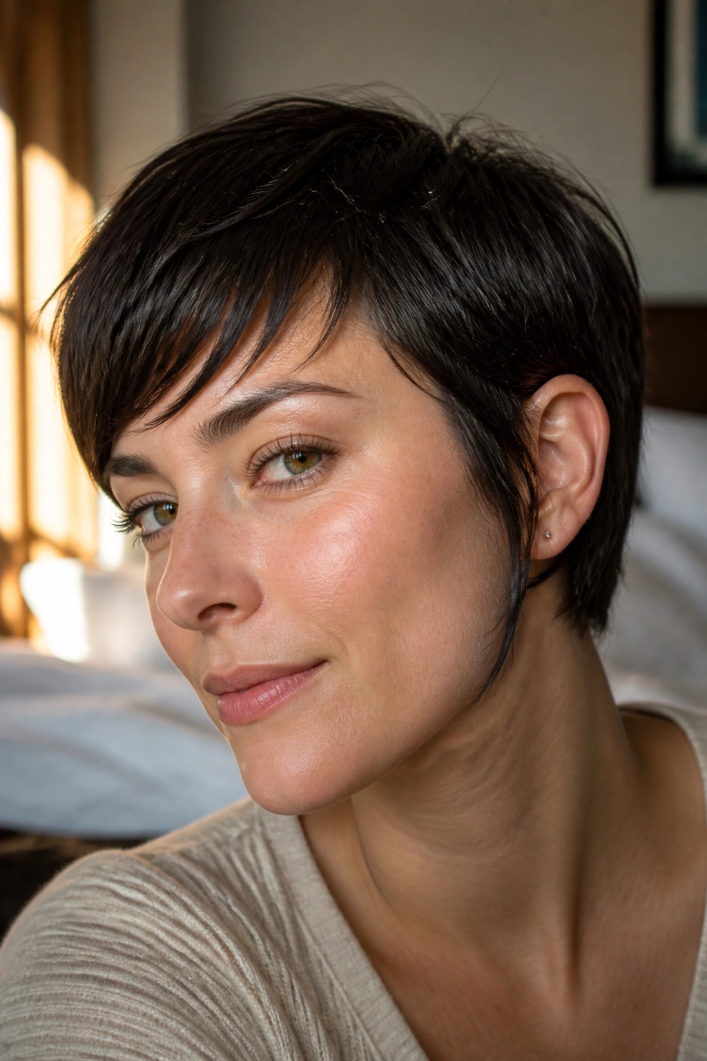 Close-up portrait of a real woman with ear-tucked pixie and long sideburns.