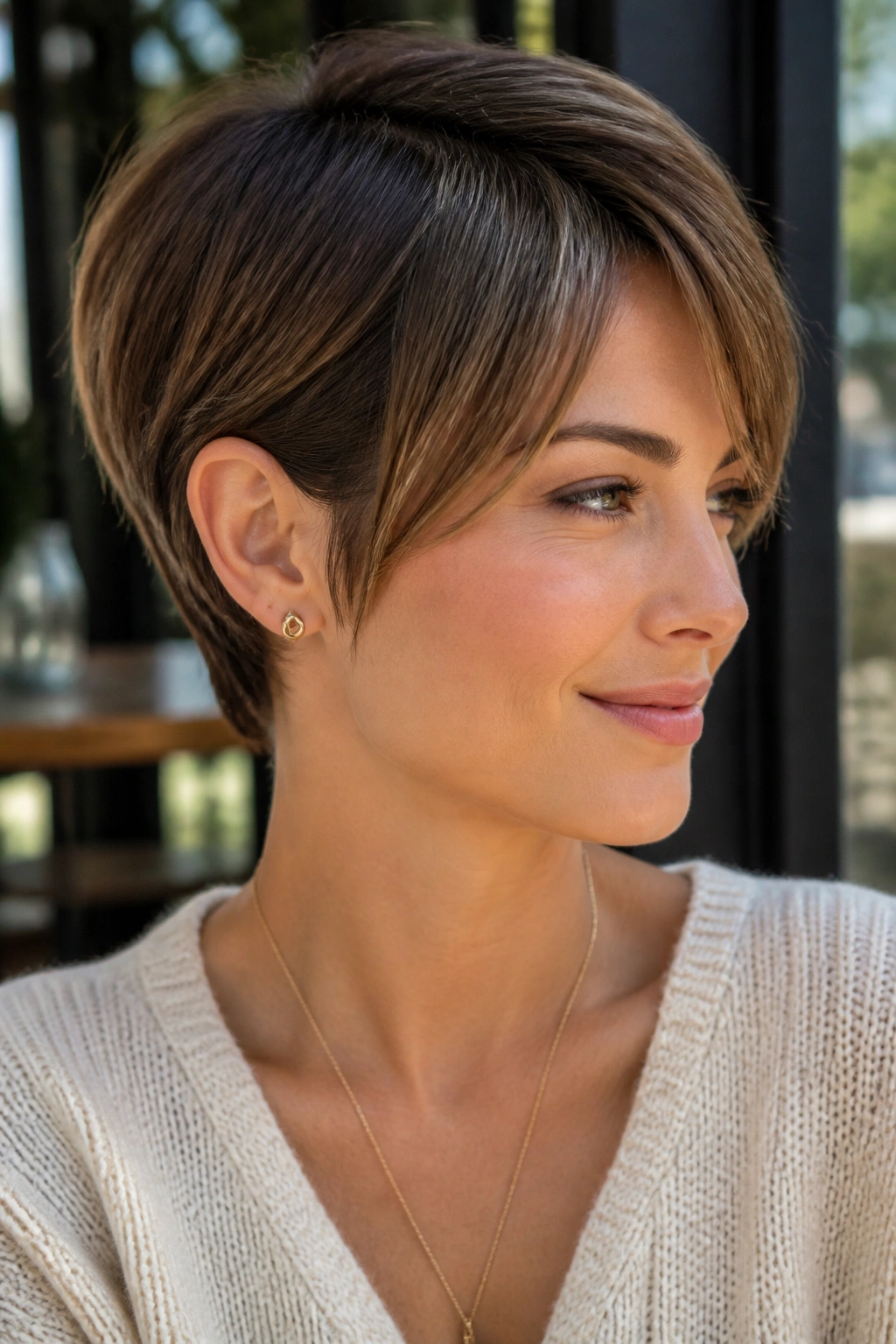 Real woman with ear-tucked pixie and temple framing in soft natural light