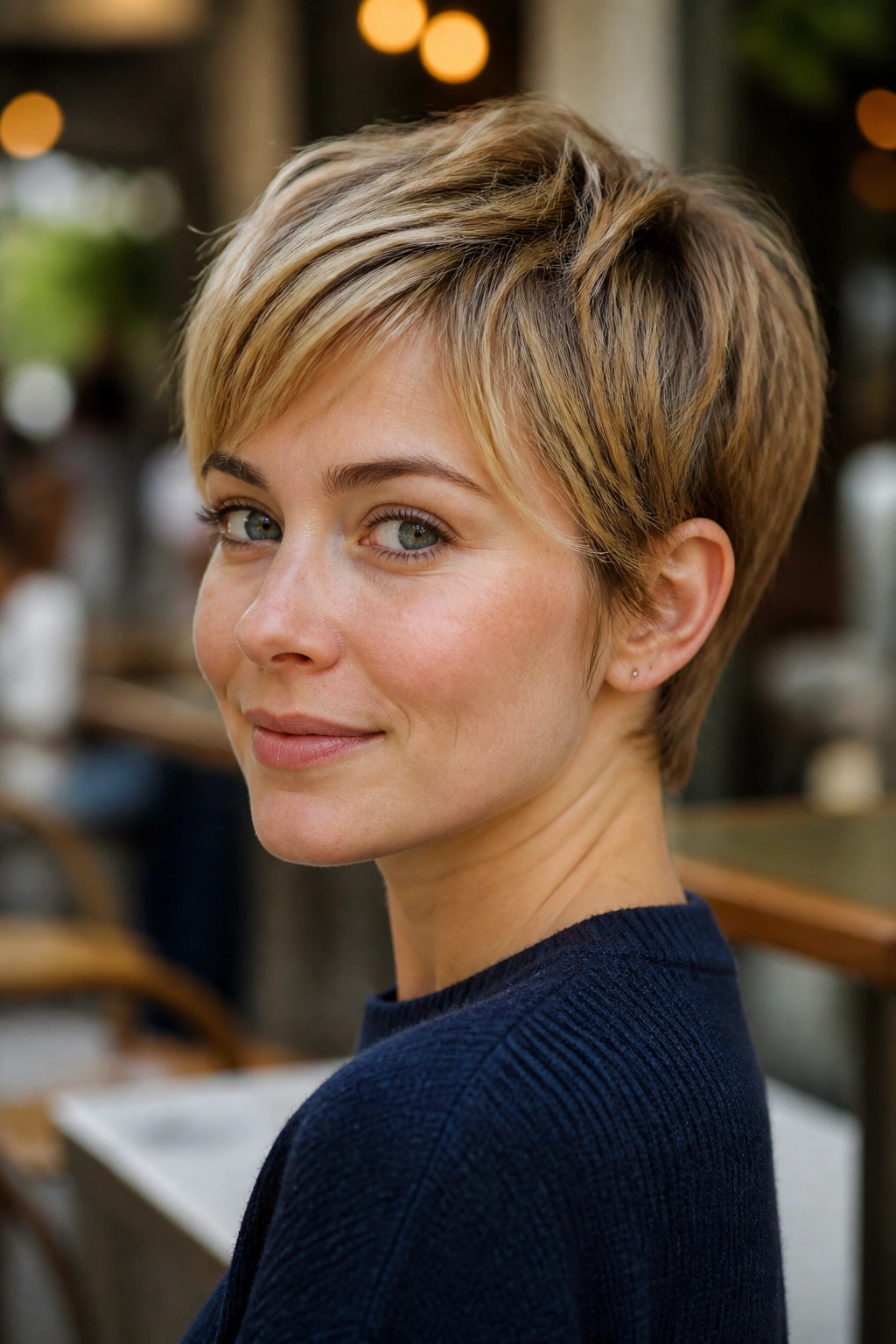 Portrait of real person with ear-tucked pixie and wispy sides