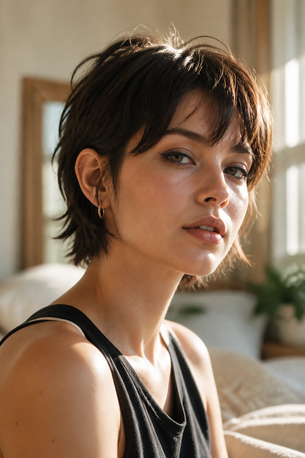Close-up of a real woman with an ear-tucked mini shag hairstyle