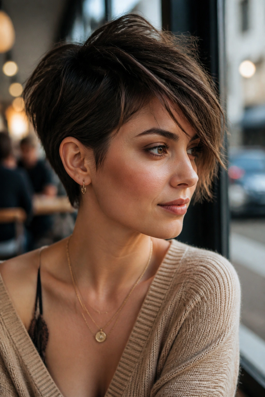 Real woman with ear-tucked shaggy pixie and long crown in a cafe window setting.