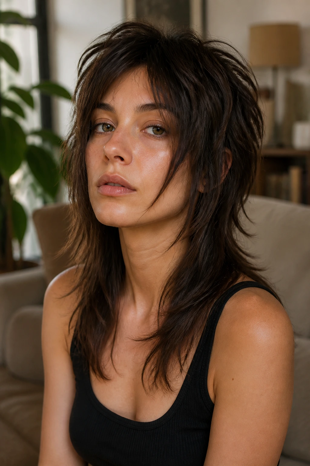 Close-up portrait of a woman with a mullet-leaning shag hairstyle, front long strands and choppy crown layers, in warm indoor light