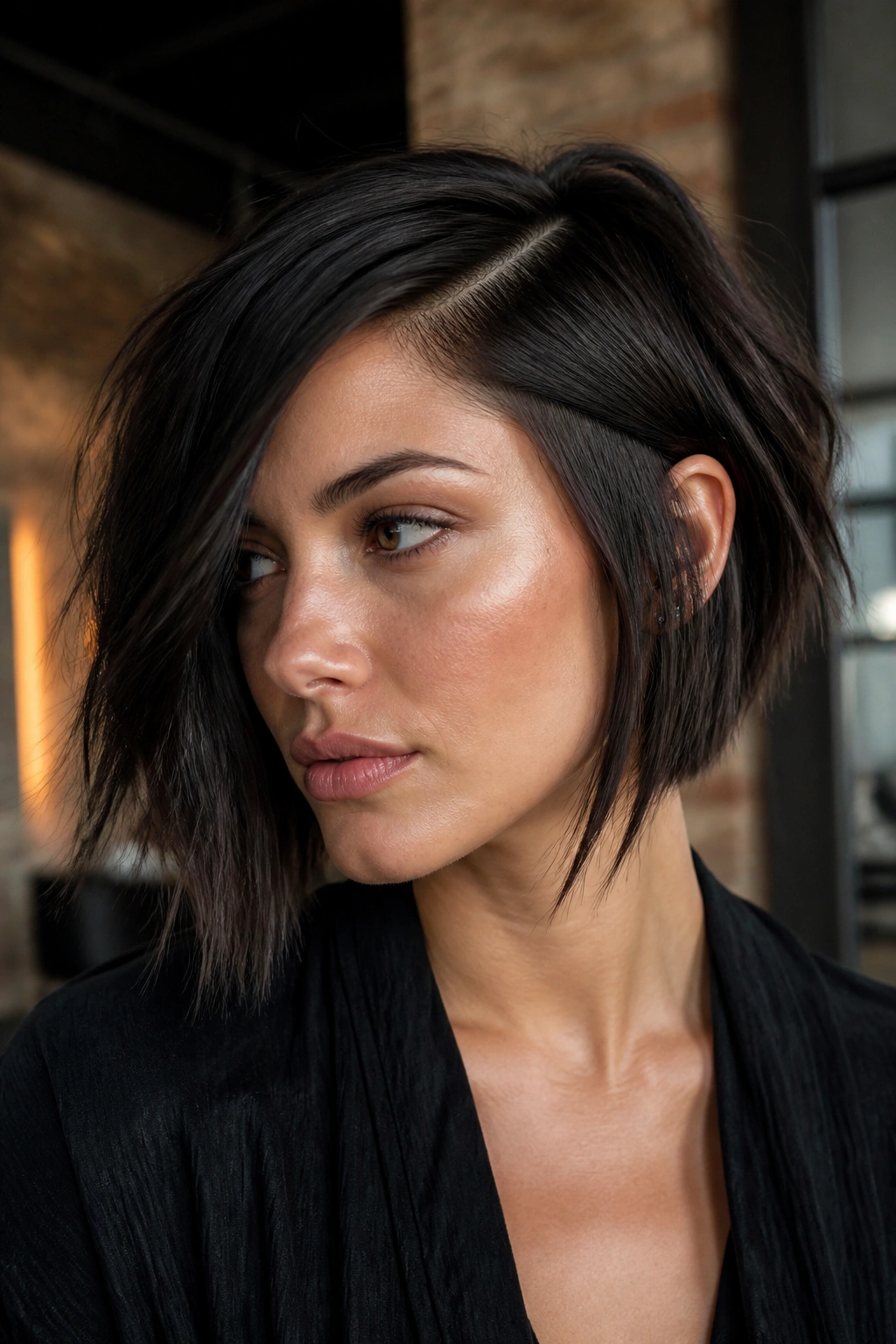 Close-up portrait of a real woman with an edgy blunt-choppy bob and deep side part in a chic salon.