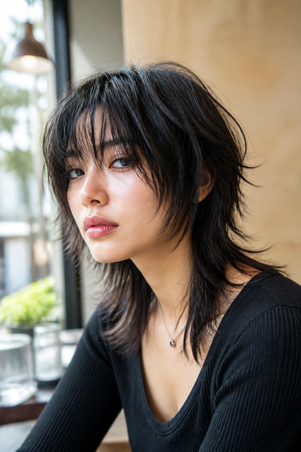 Close-up portrait of a real person with an Edgy Piecey Wolf Cut in daylight at a cafe window