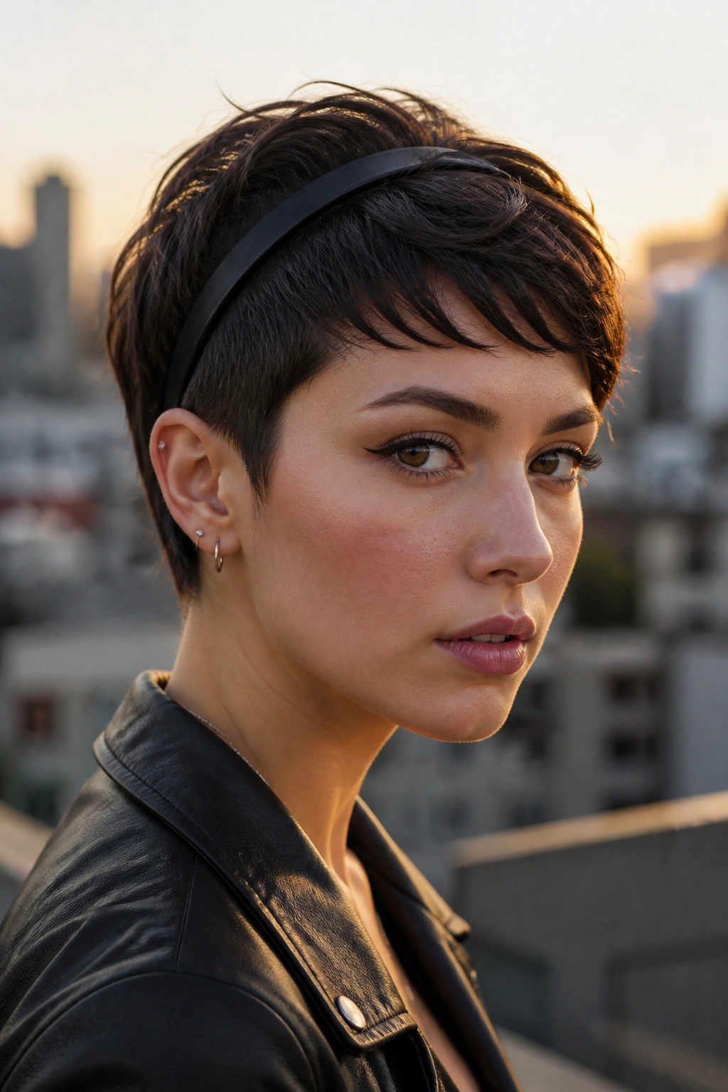 Real person with edgy pixie and black headband on rooftop.