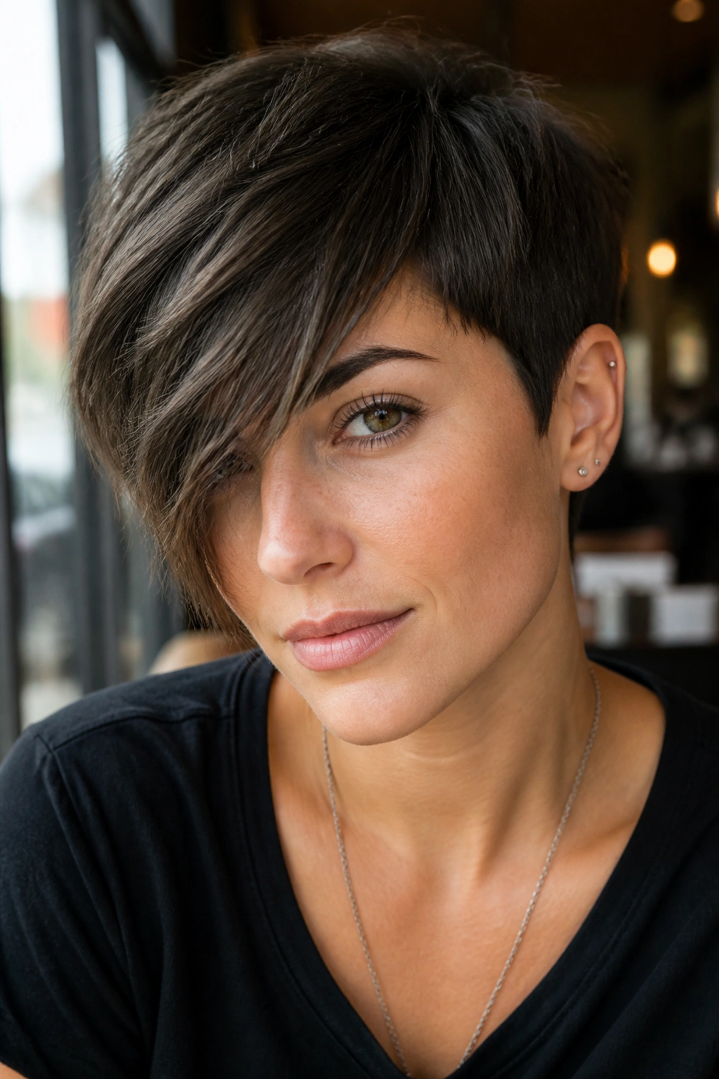 Close-up of a real woman with edgy pixie and long fringe over one eye