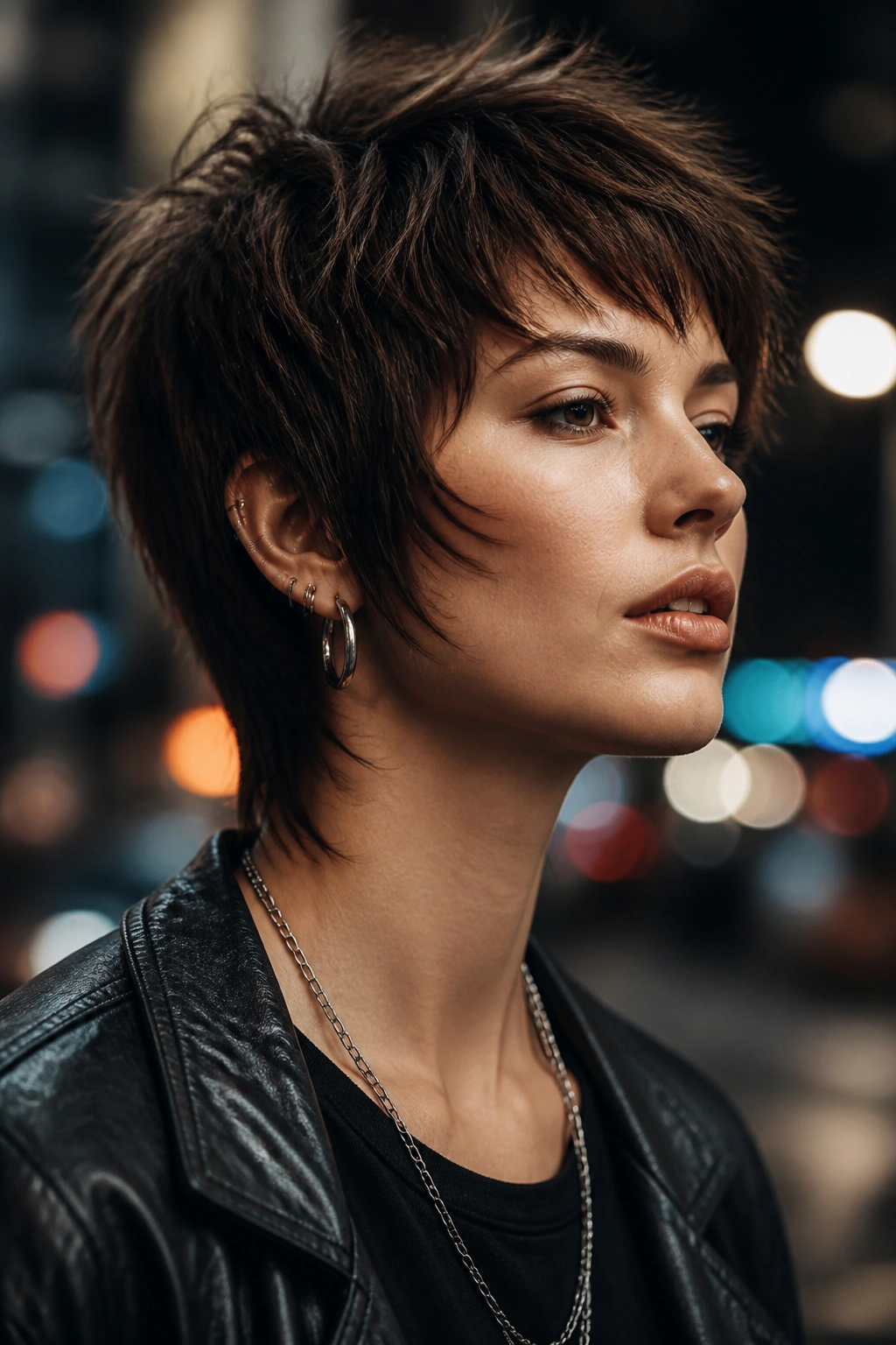 Close-up portrait of a real person with an edgy pixie wolf cut, sharp fringe and tousled crown.