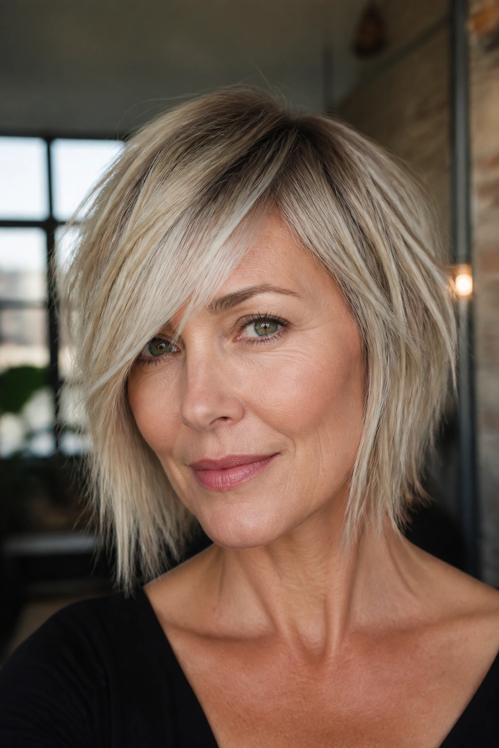 Close-up of a real woman with edgy razor shag and swept-over bangs