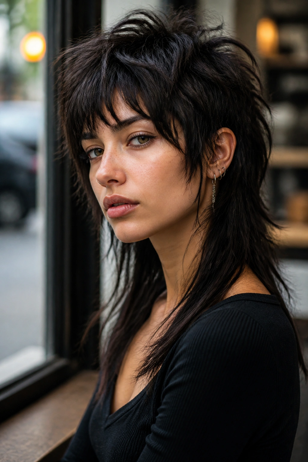 Close-up portrait of a real person with an edgy mullet-shag hybrid; crown short, back long
