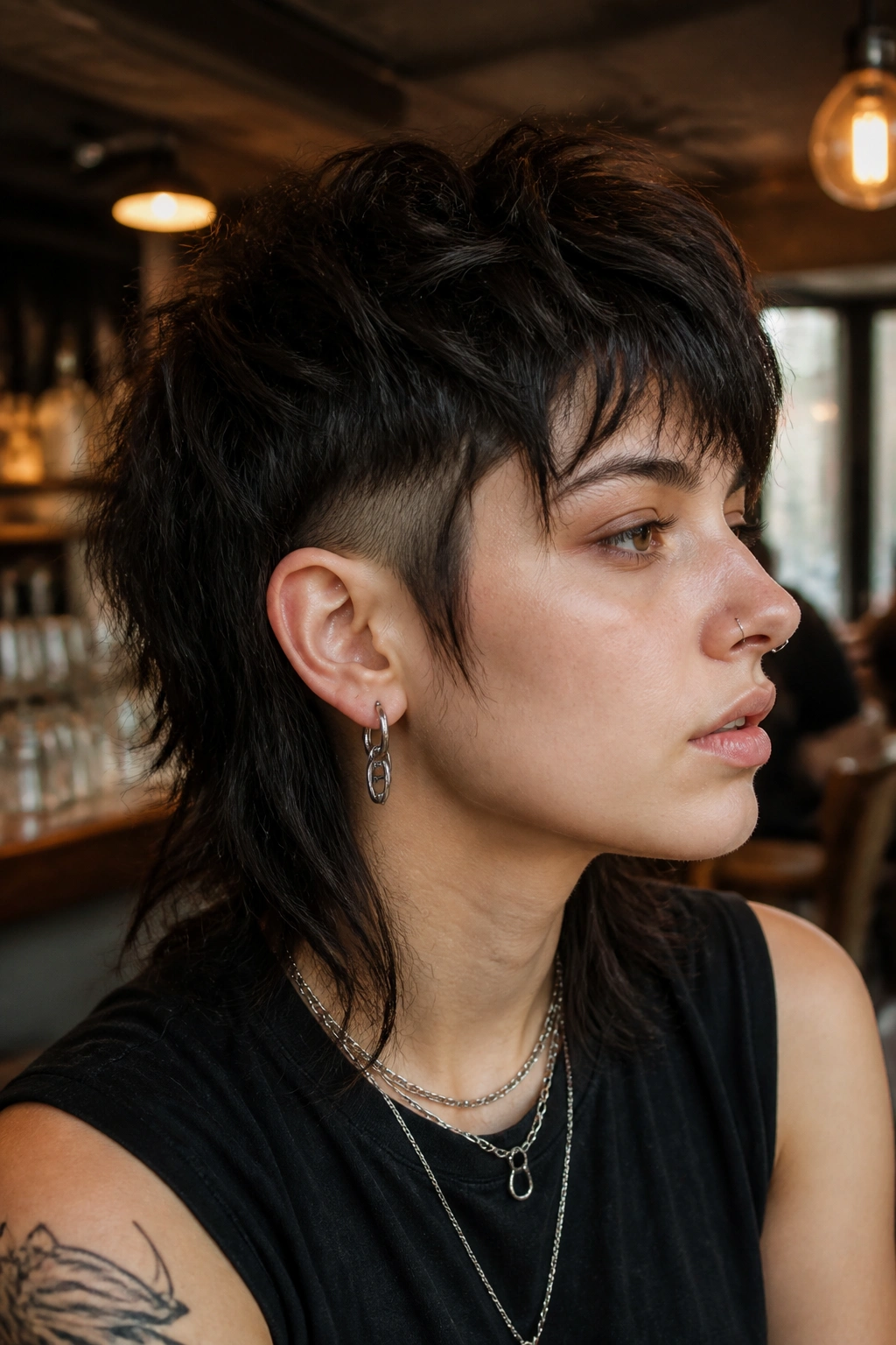 Close-up portrait of a real person with an edgy shag and hidden undercut, textured top under warm indoor light