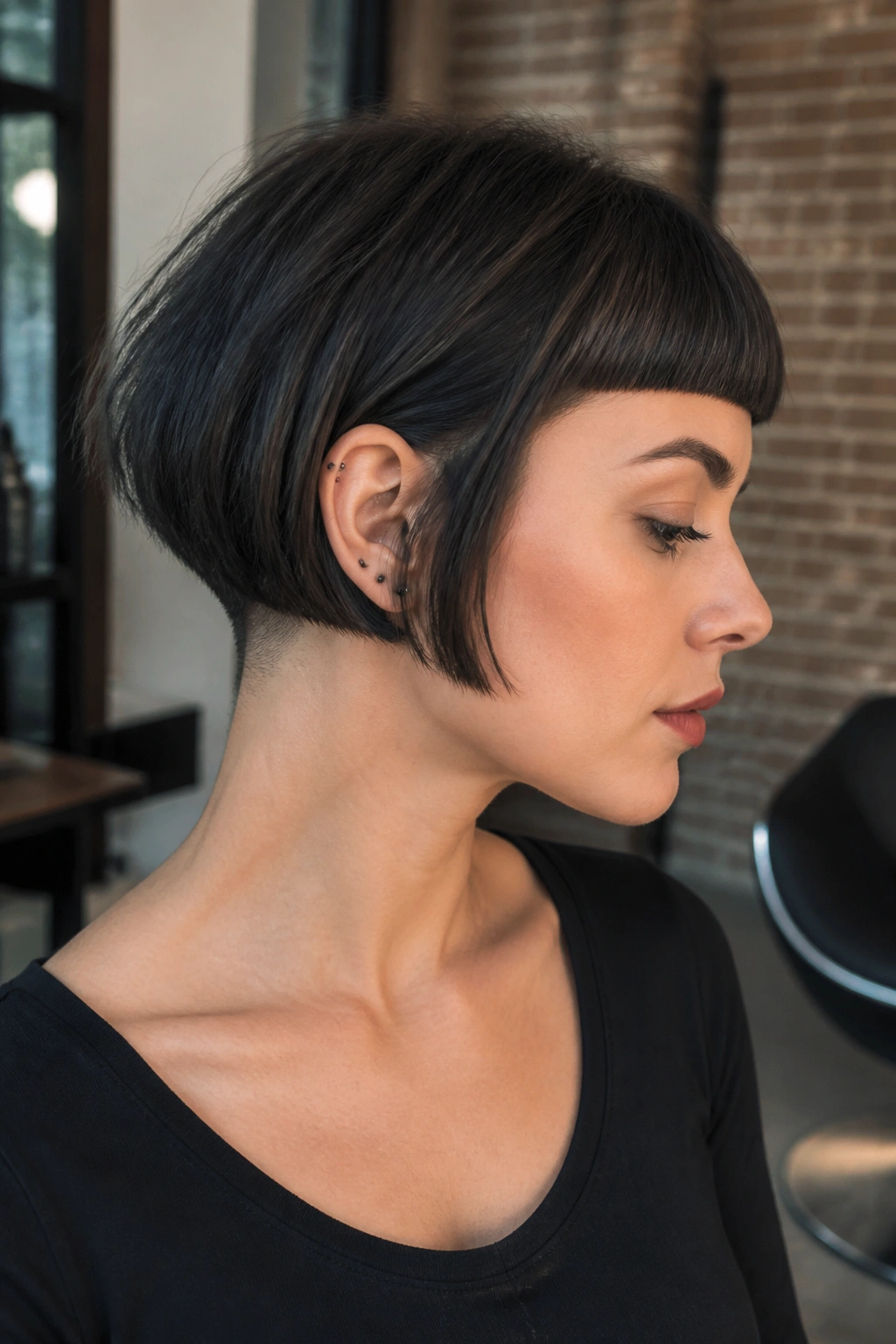 Portrait of a person with an edgy undercut bob and blunt fringe