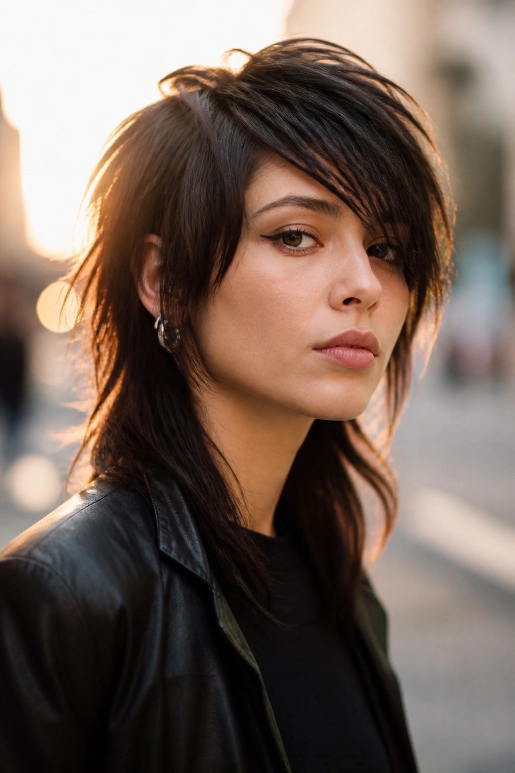 Real person with edgy wolf cut and asymmetrical bangs in urban golden hour light