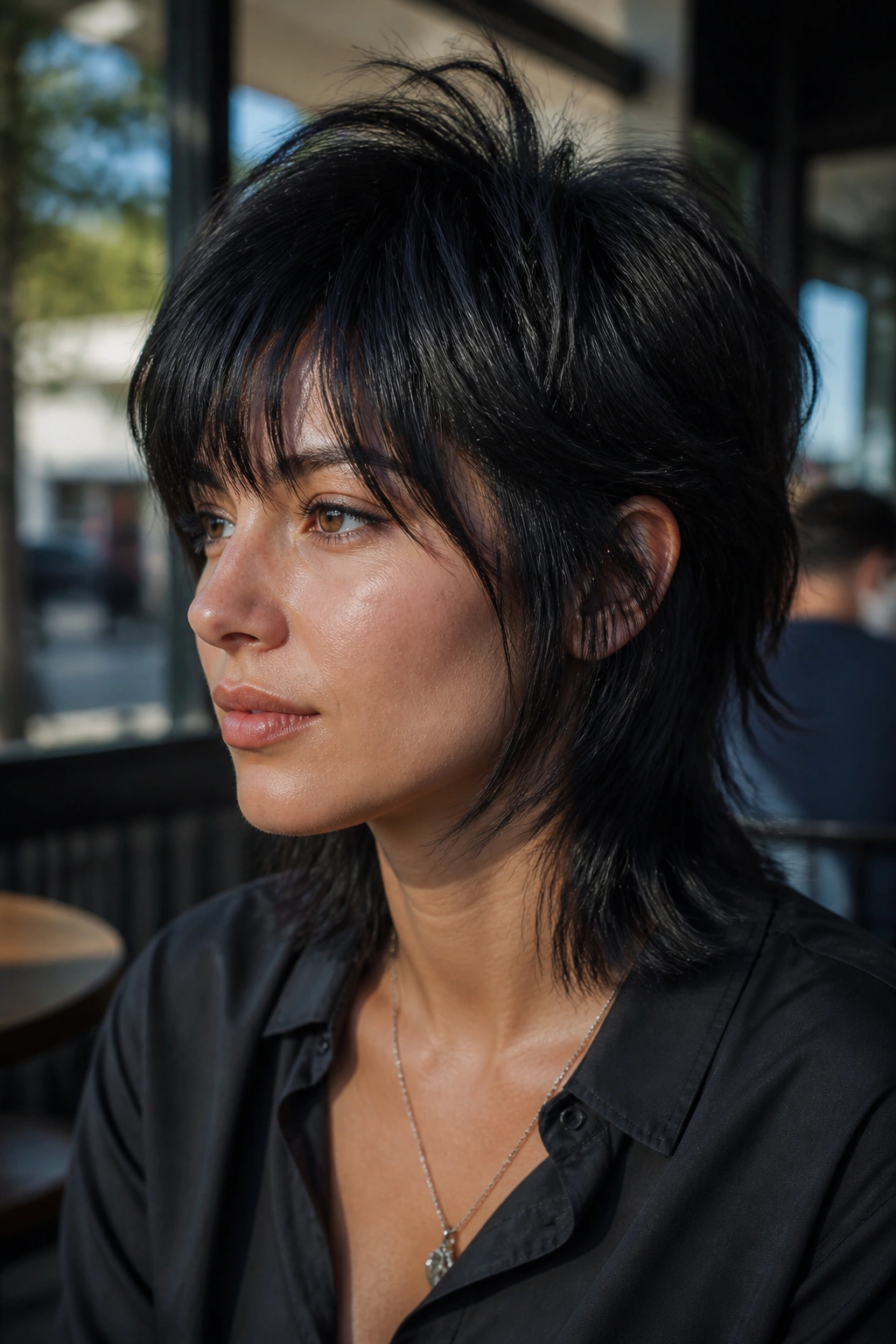 Close-up portrait of a real person with an edgy black wolf cut on fine hair in an urban cafe setting