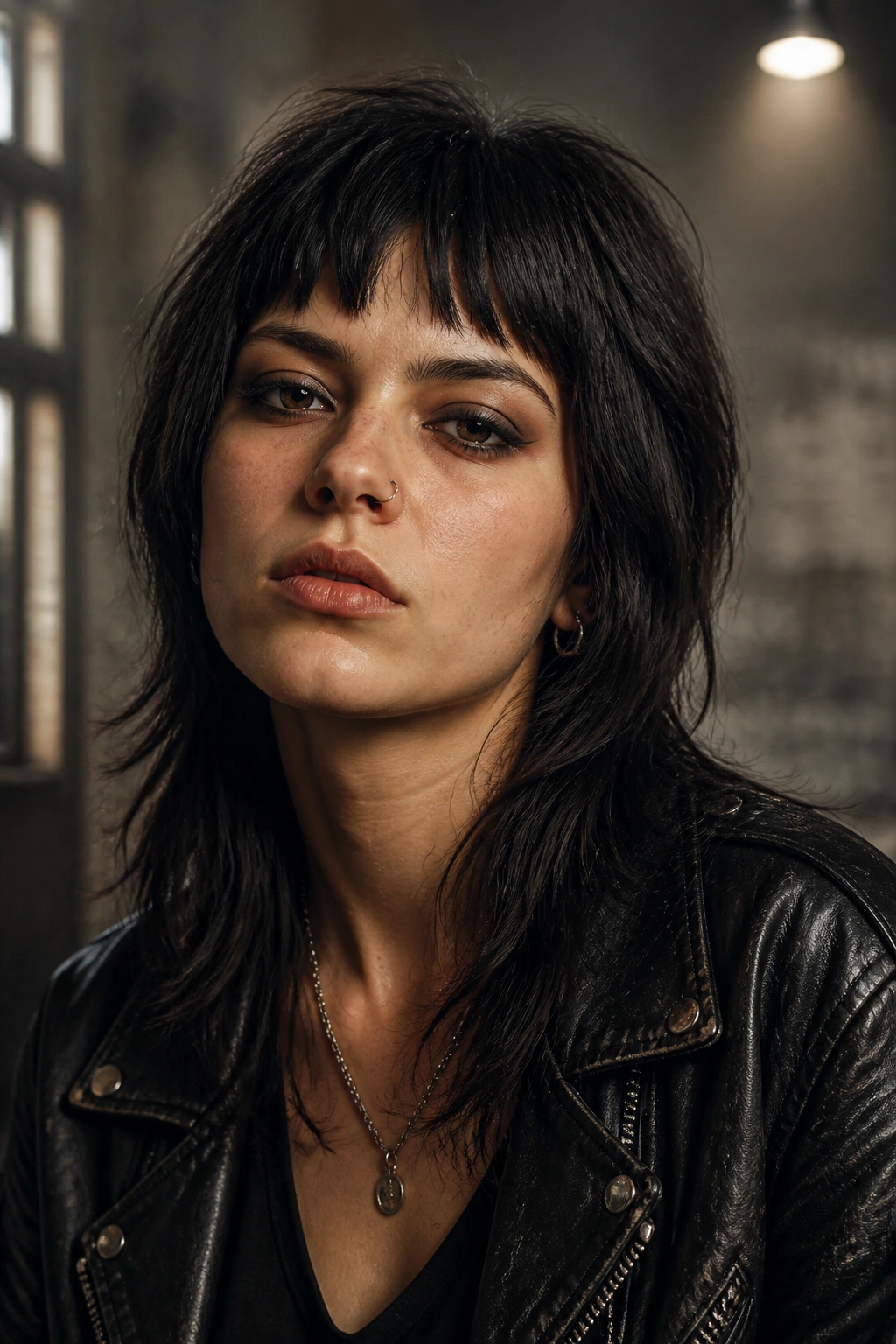 Close-up portrait of a real woman with razor bangs and edgy wolf cut in an industrial loft
