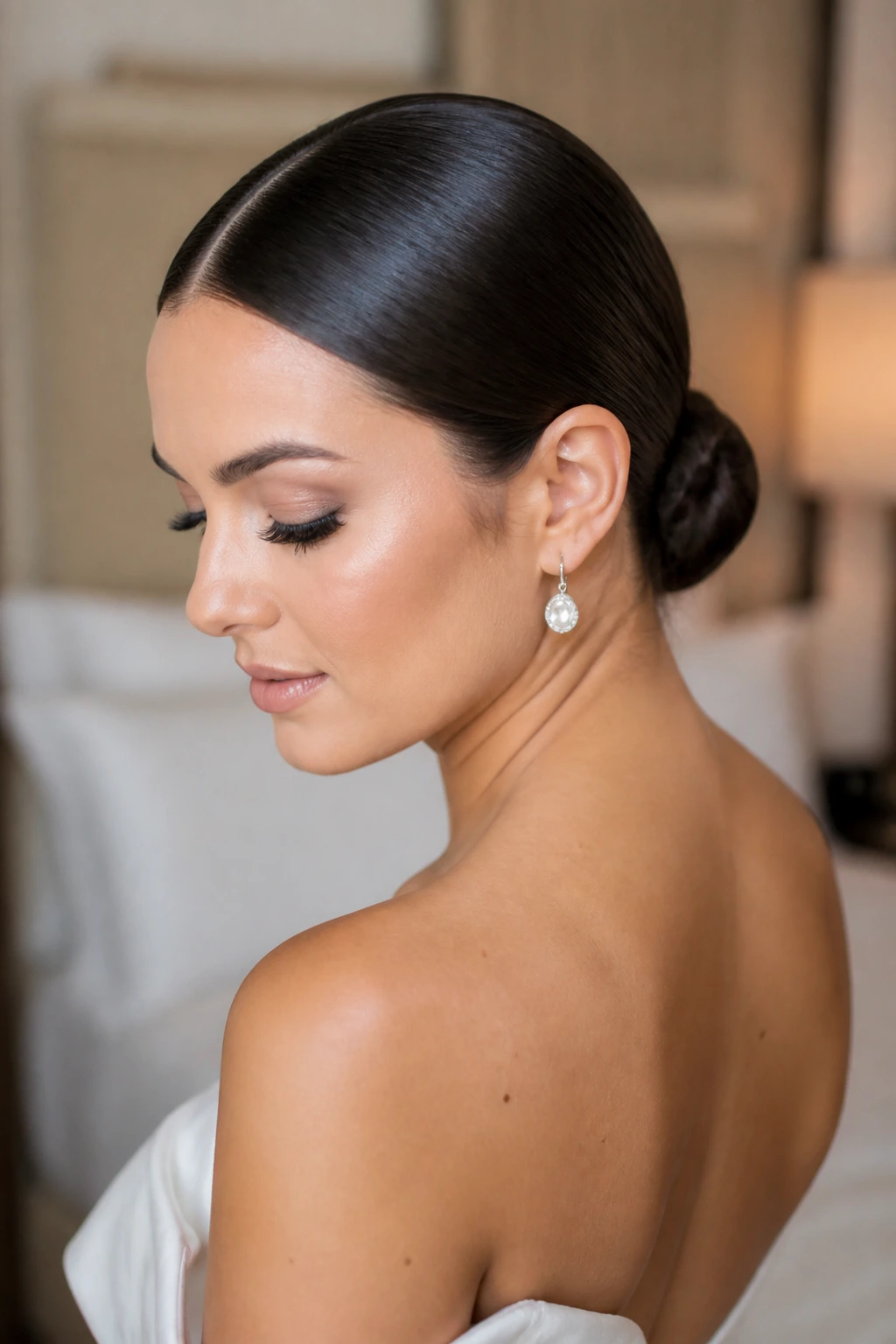 Close-up of a bride with a sleek editorial knot at the nape, crisp glossy finish