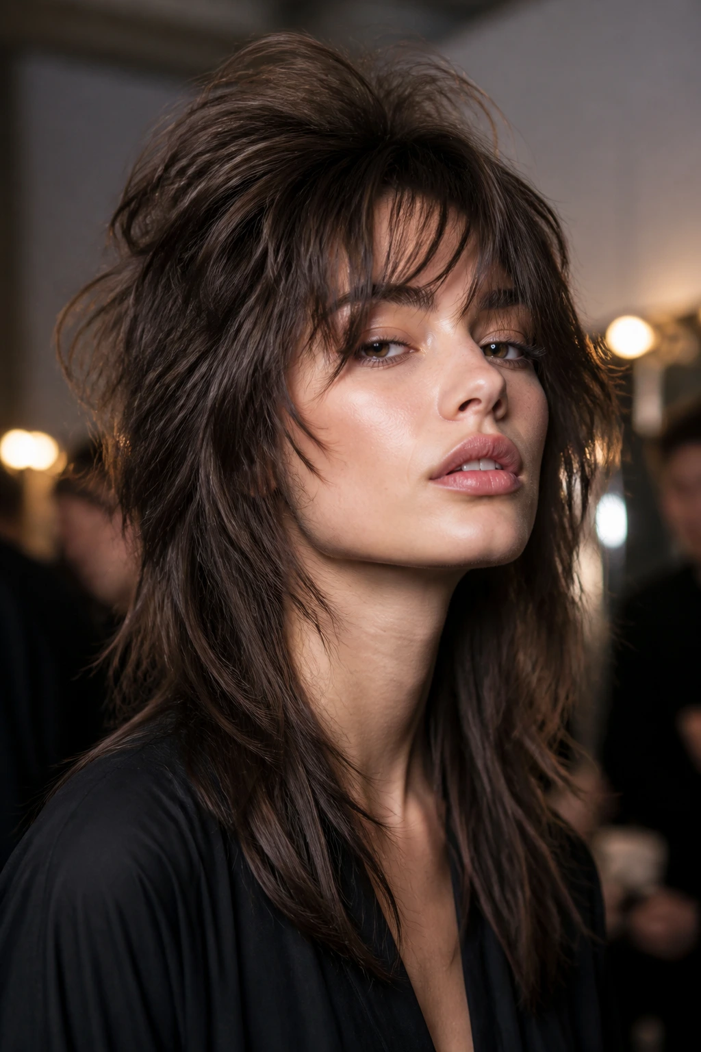 Real woman with maxi volume wolf cut, dramatic crown and textured layers
