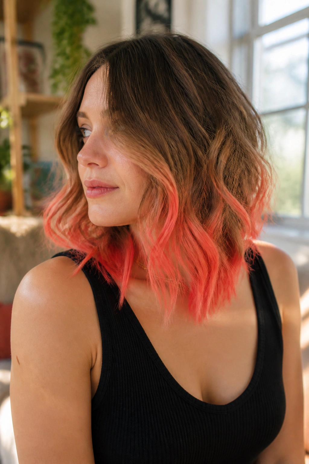 Close-up of a real woman's hair showing electric coral ends in a sunlit room
