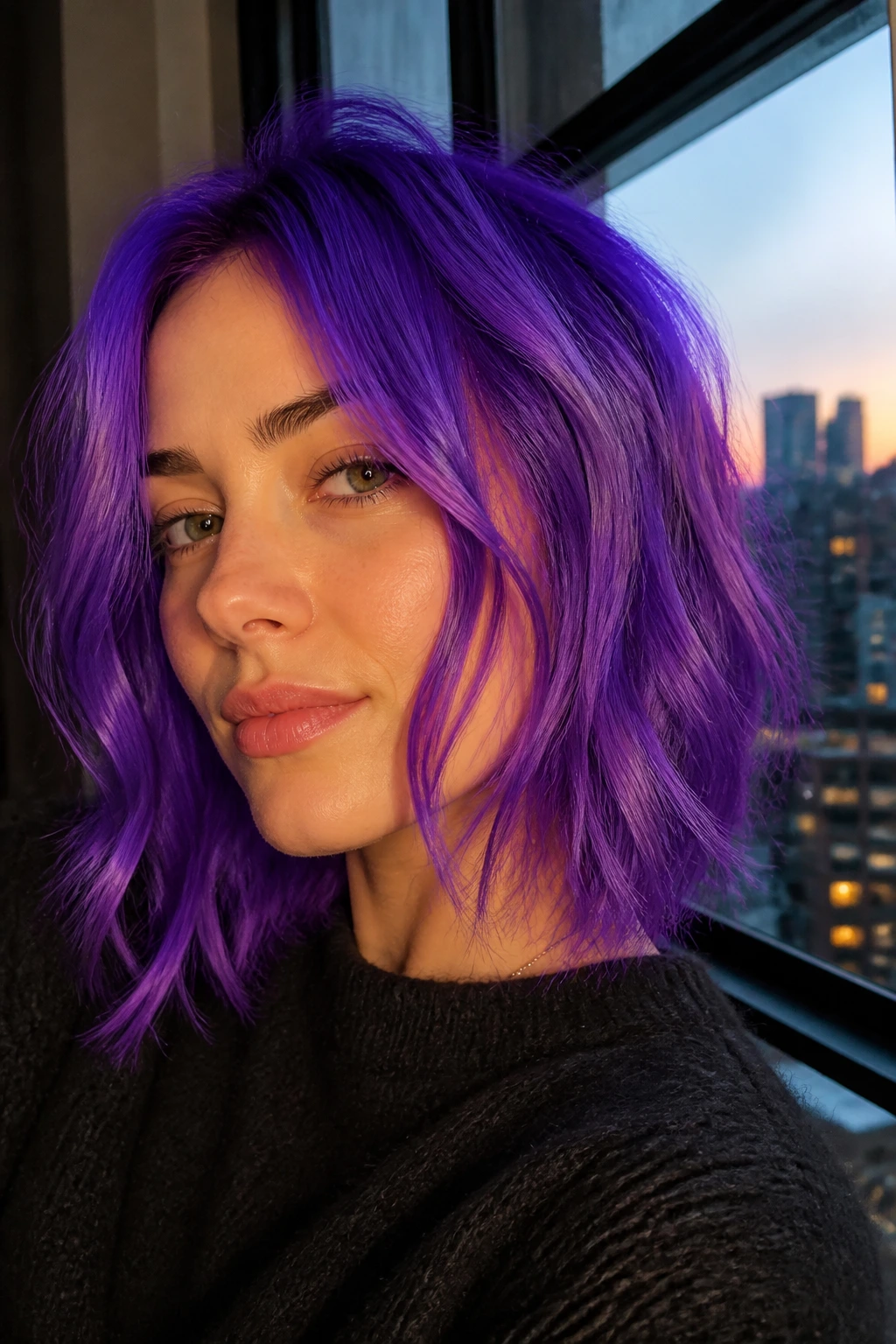 Close-up portrait of a real person with electric purple hair dominating the frame