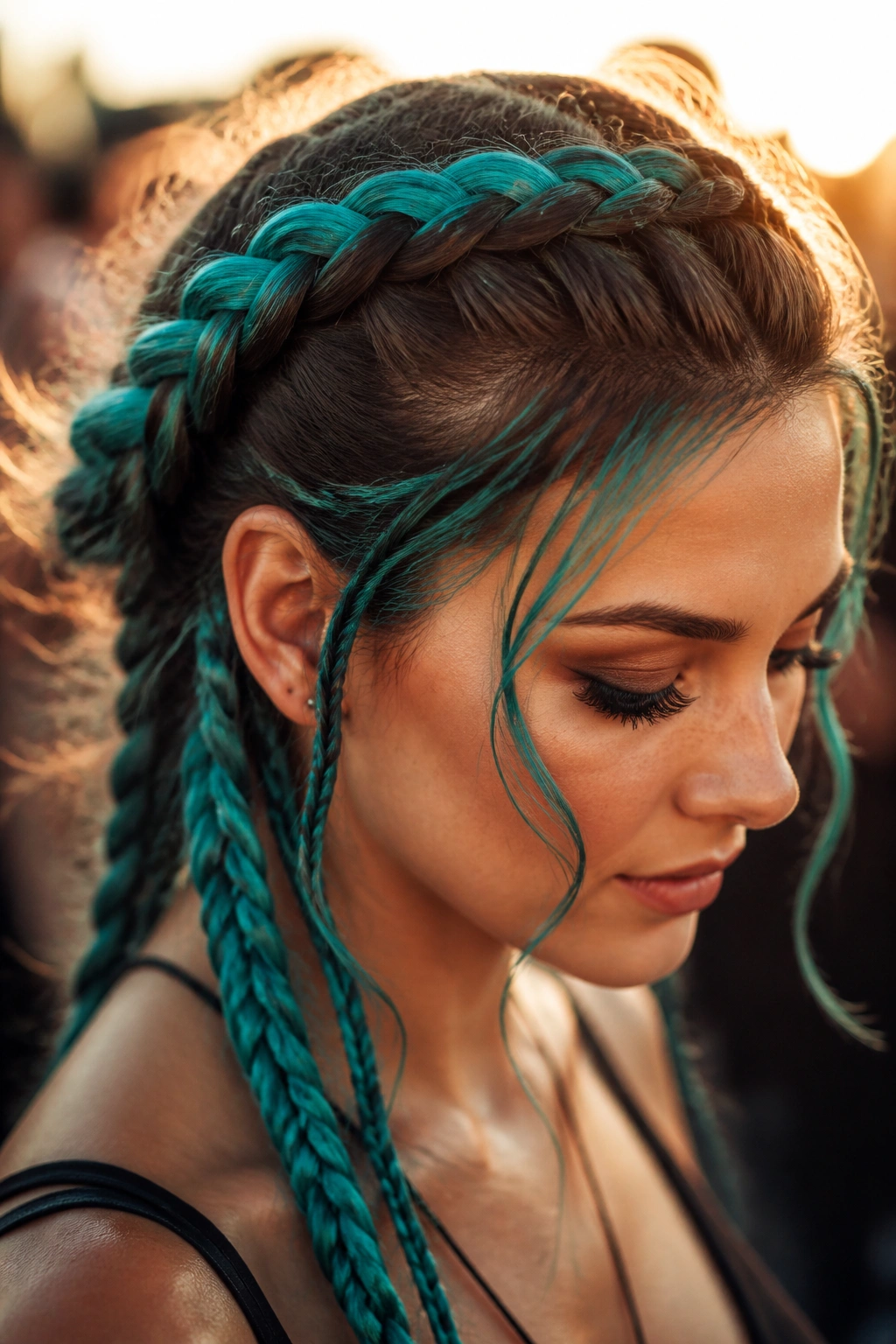 Close-up portrait of a real person with teal braided accents woven through the hair