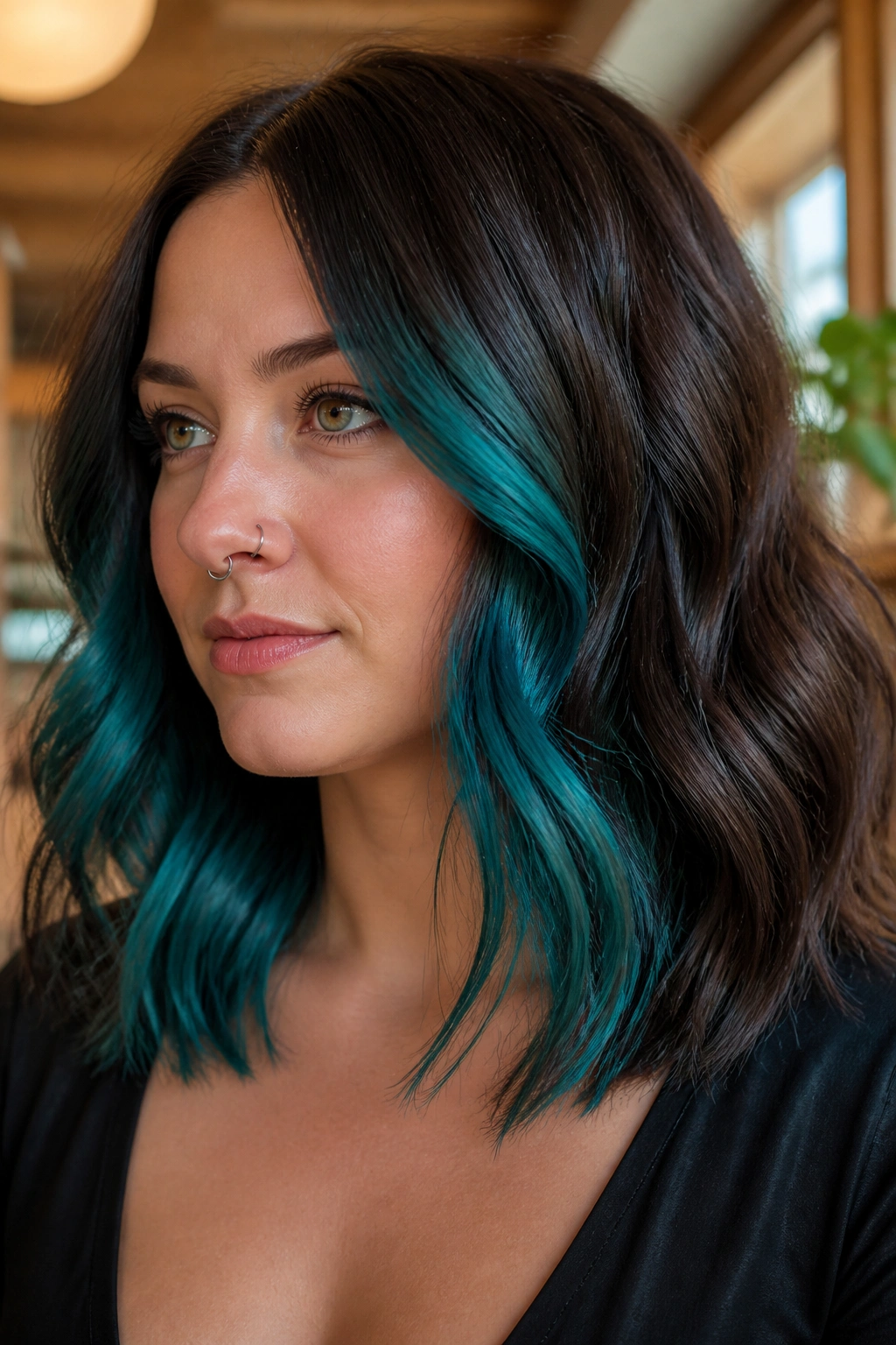 Close-up of person with teal peekaboo panels under natural hair layer