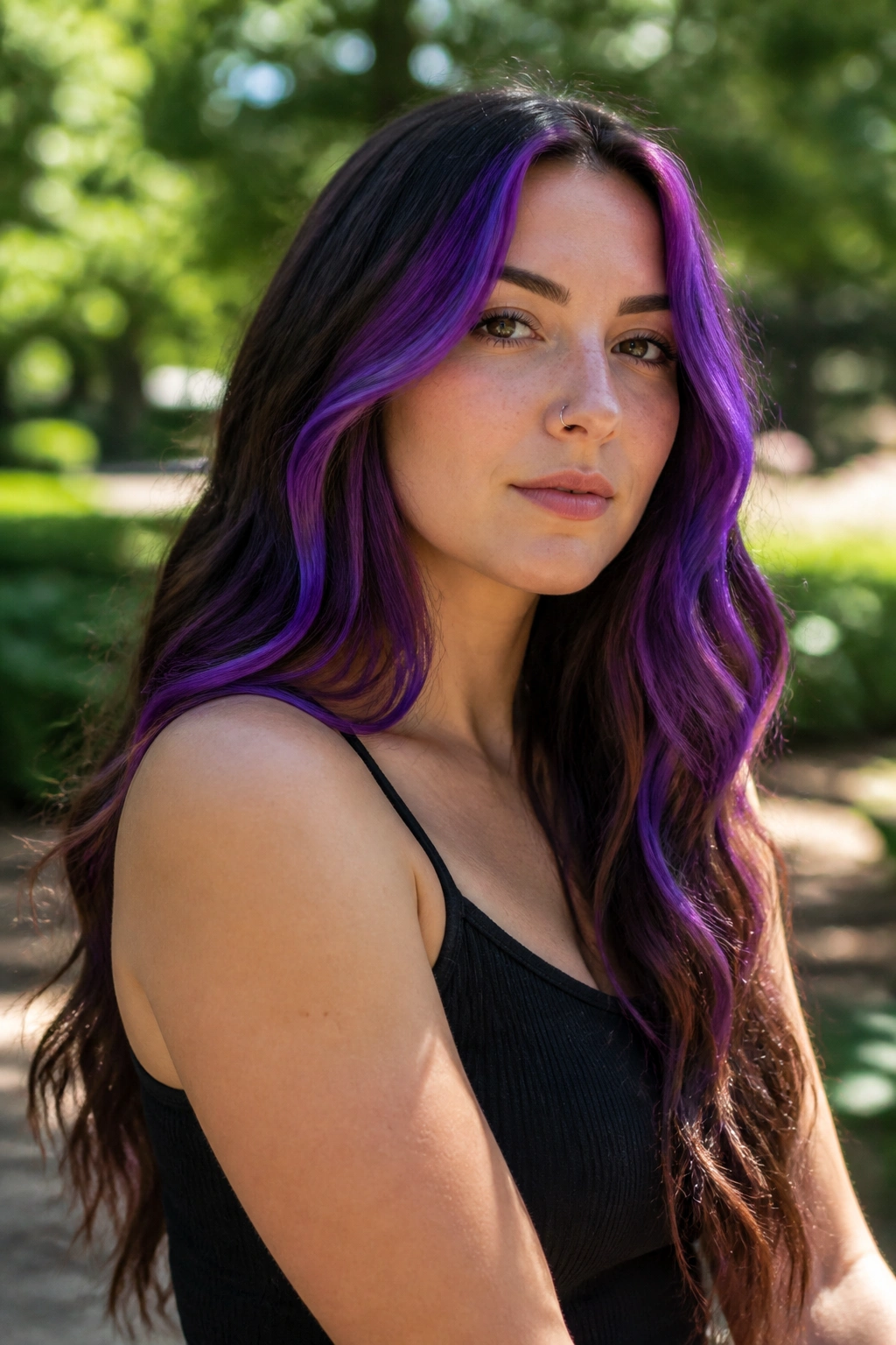 Close-up of a real woman with long hair featuring electric violet panels in the top layer