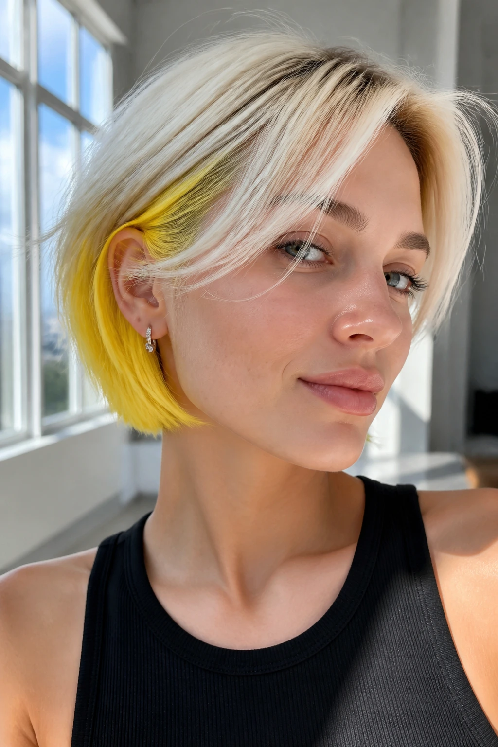 Close-up portrait of a real woman showing electric yellow peekaboo hair in a short bob under bright daylight