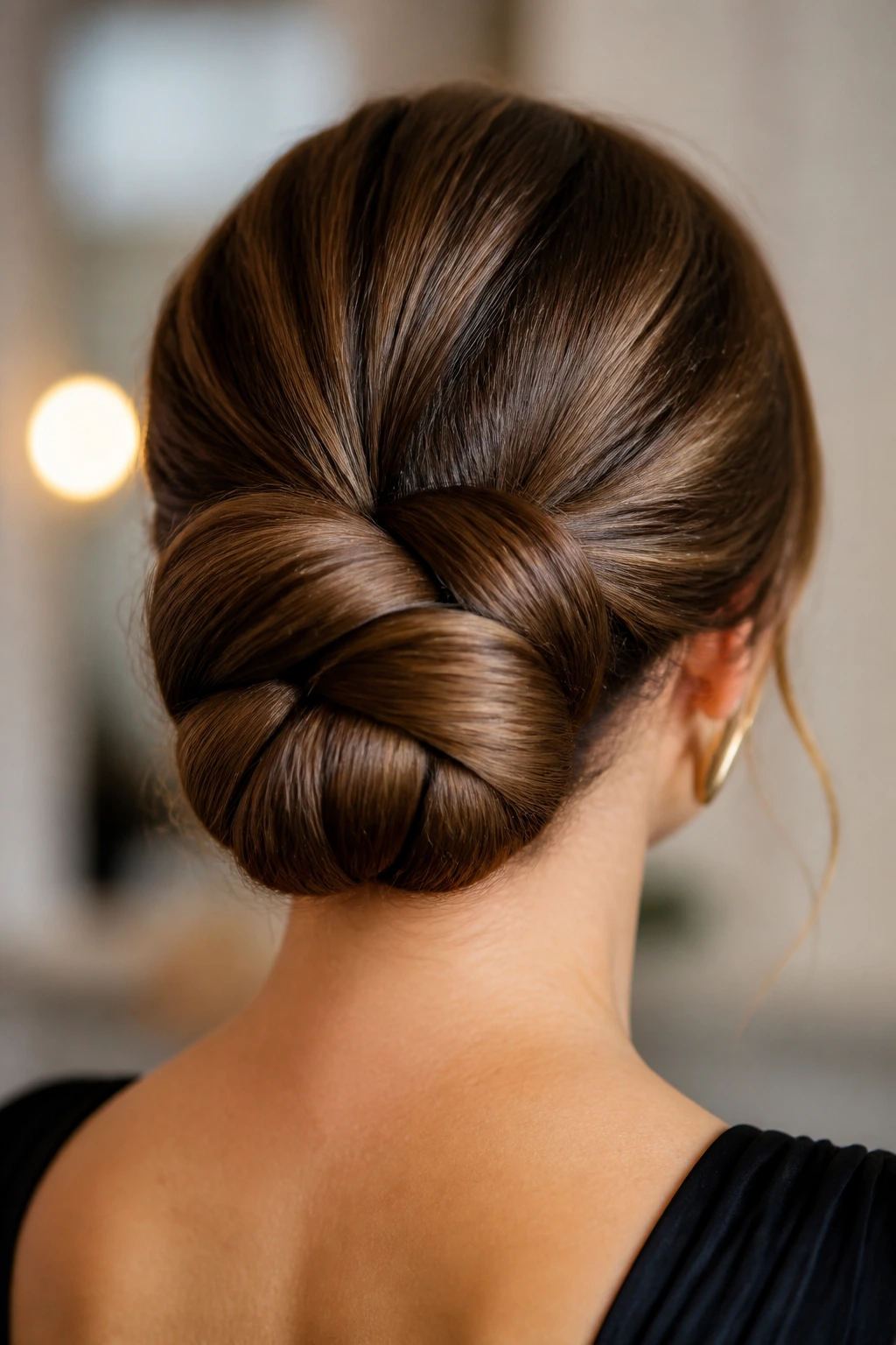 Back view close-up of a real woman's elegant three-section bun with interlaced strands