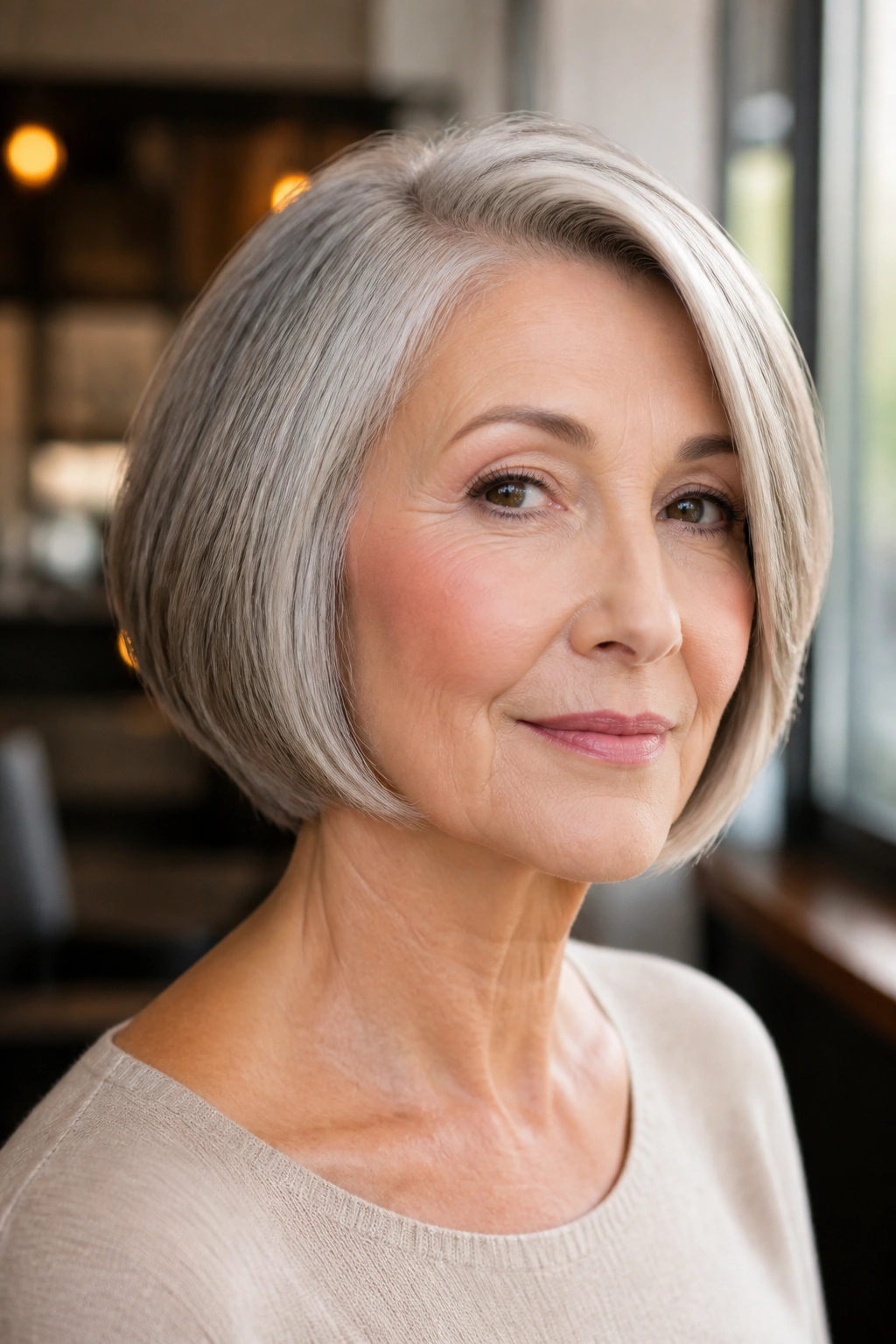 Close-up of a real woman with an elegant chin-length cut and tapered sides in warm light