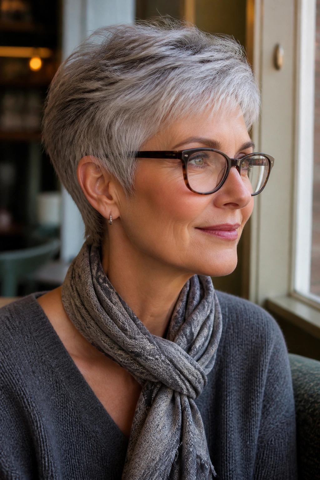Portrait of a silver-haired woman with glasses and an elegant tapered cut