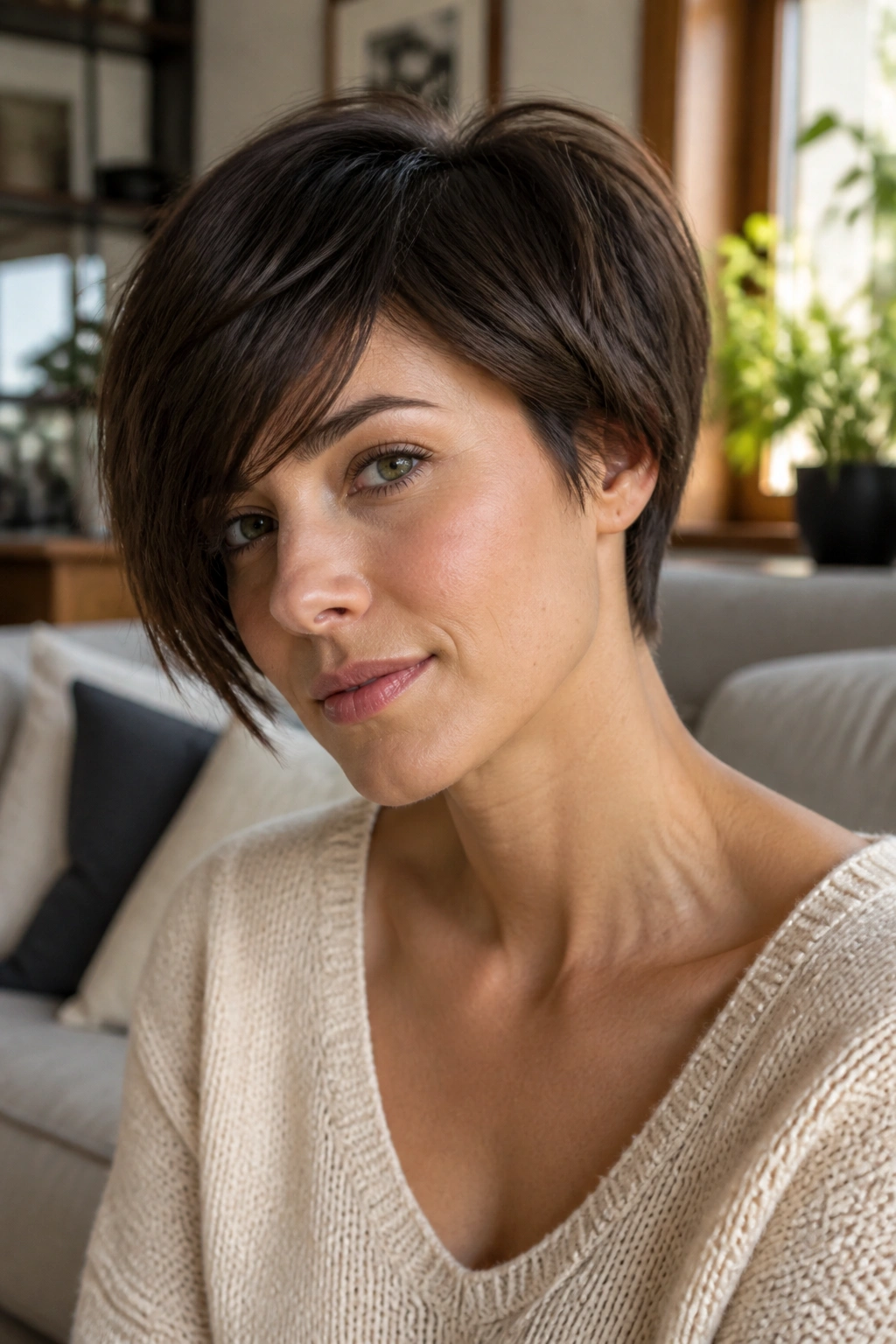 Close-up portrait of a real woman with long pixie featuring elongated fringe and soft nape