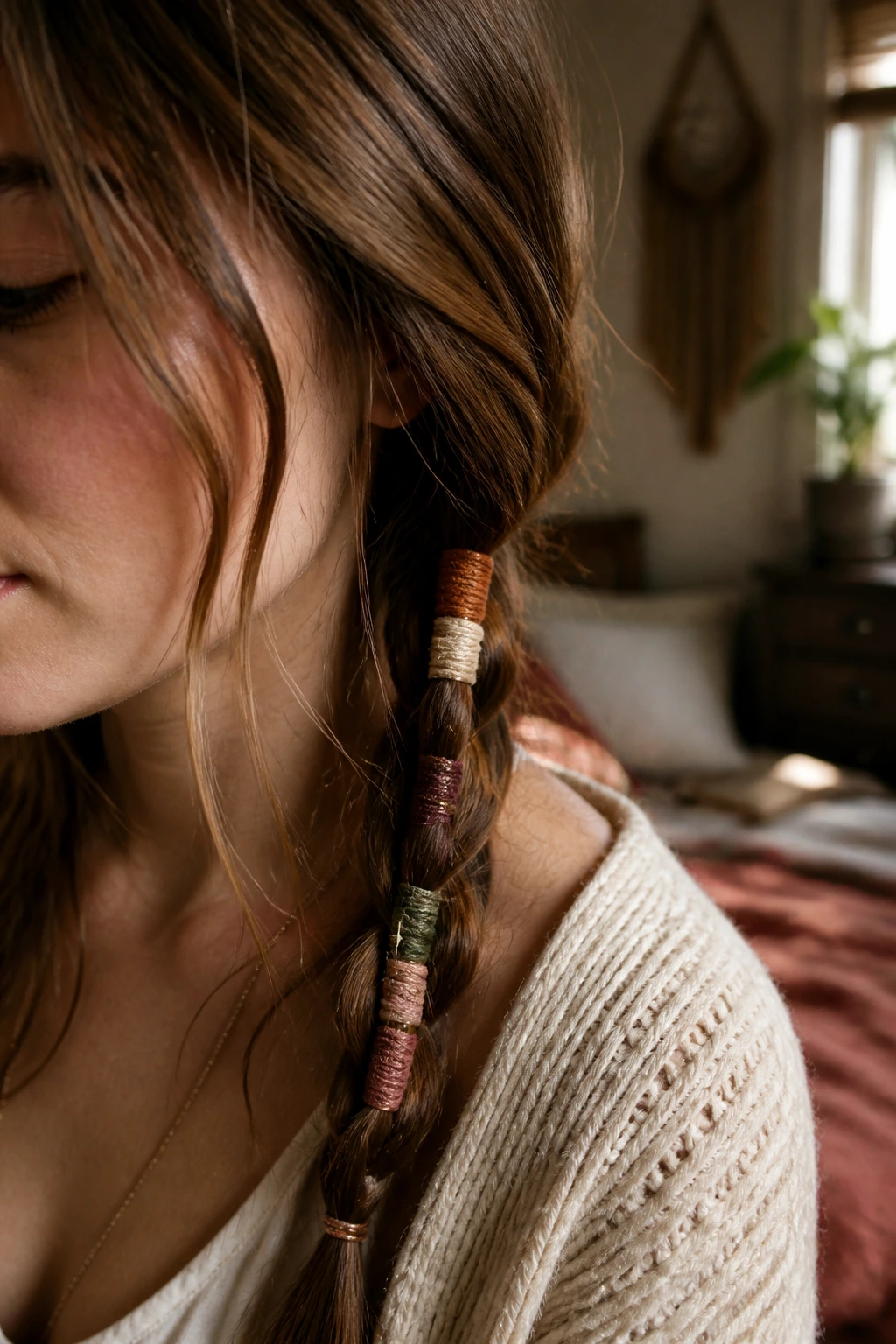 Close-up of a real woman's braid with mixed-color embroidery thread wraps