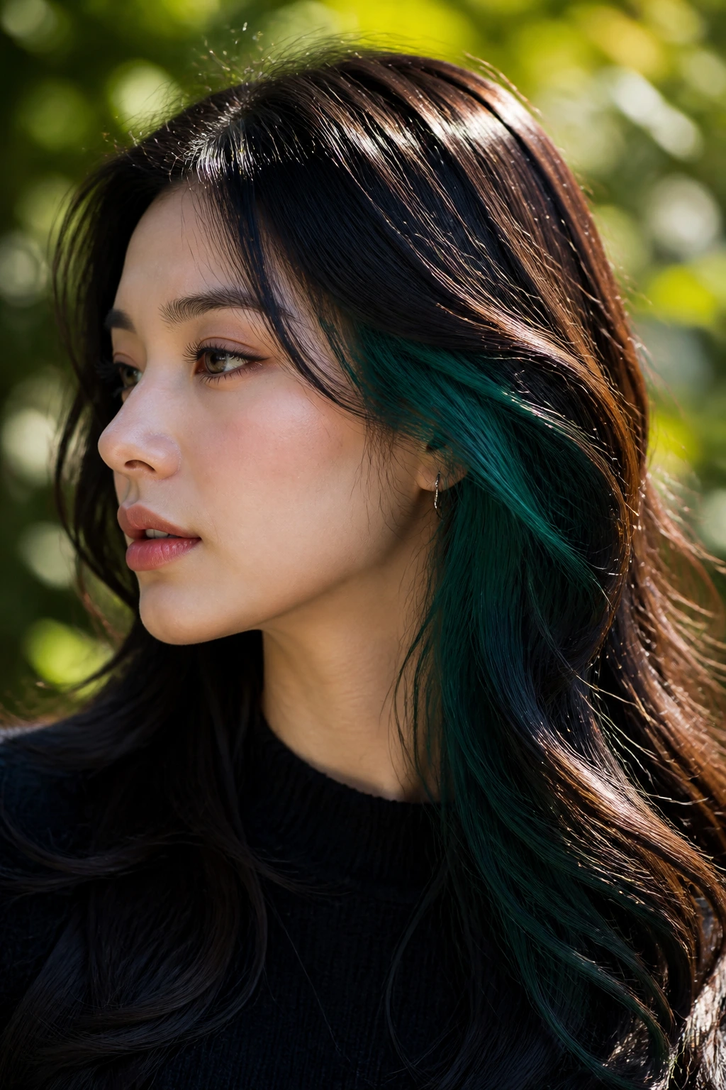 Close-up of a real person with emerald green peekaboo under dark hair