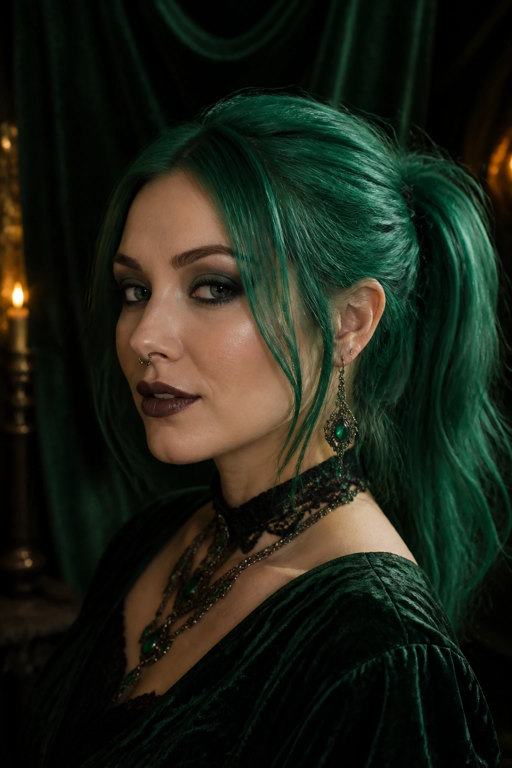 Close-up of a real person with emerald green hair in a velvet-lit room.