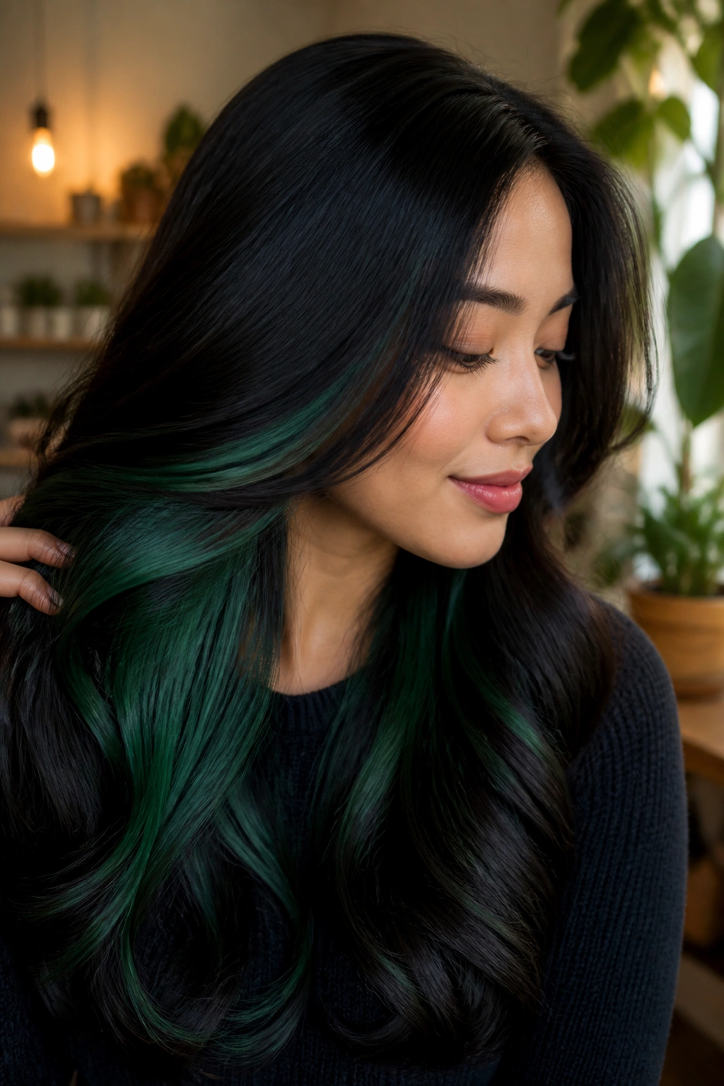 Close-up of long hair with emerald peekaboo underlayers visible