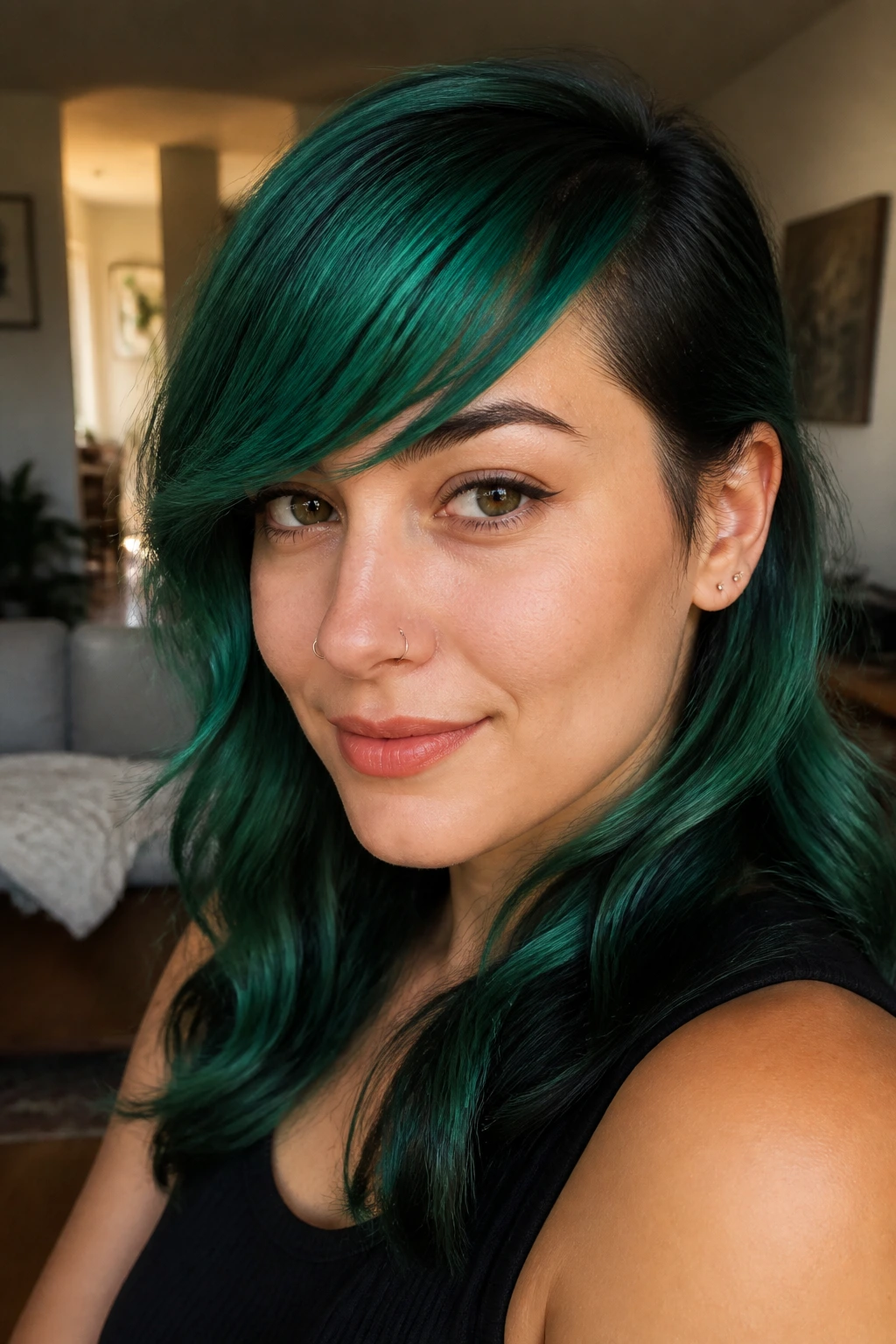 Close-up portrait of a real woman with emerald side-swept bangs in soft indoor light.