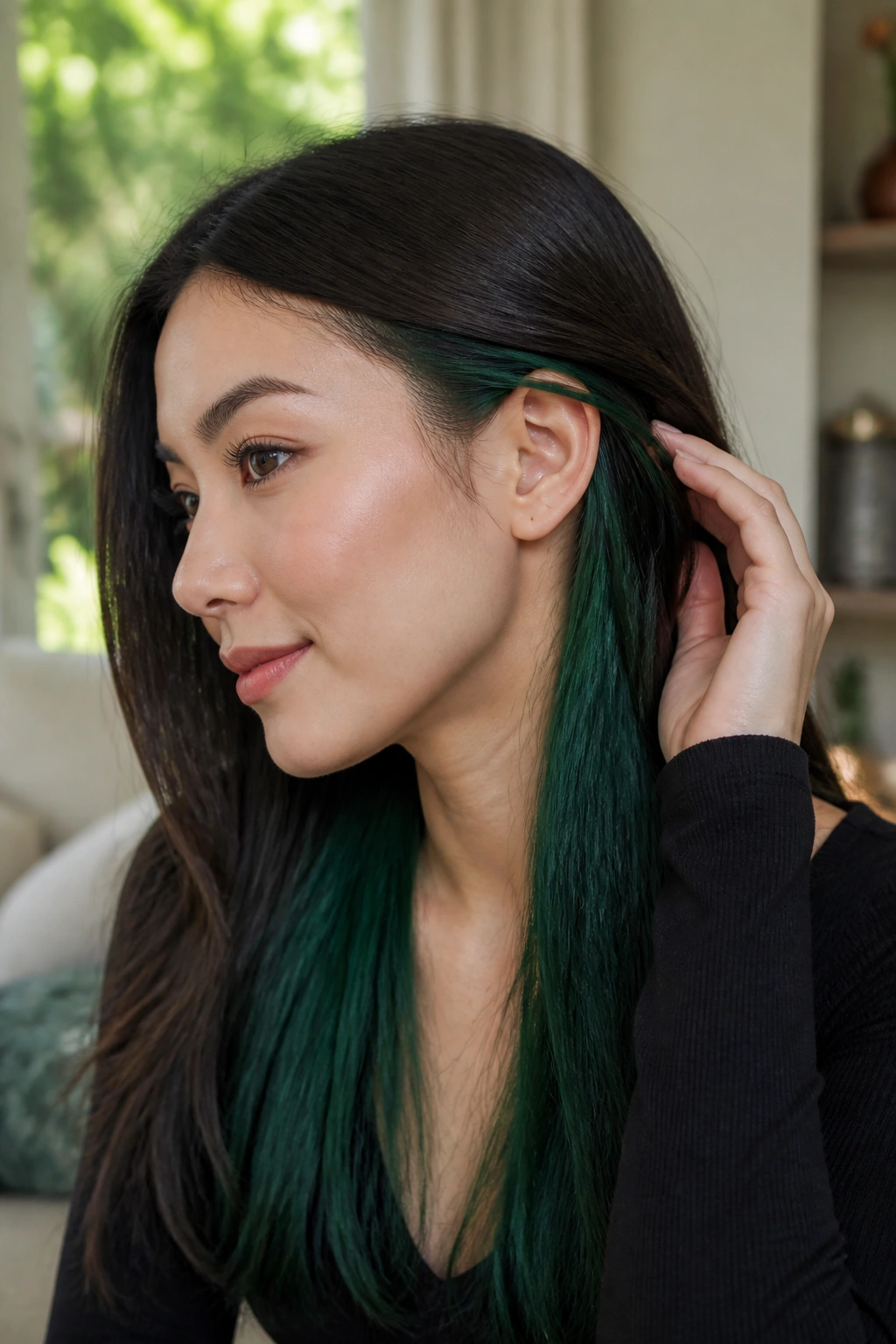 Close-up portrait of a real woman with emerald green underlayer peeking from beneath dark hair
