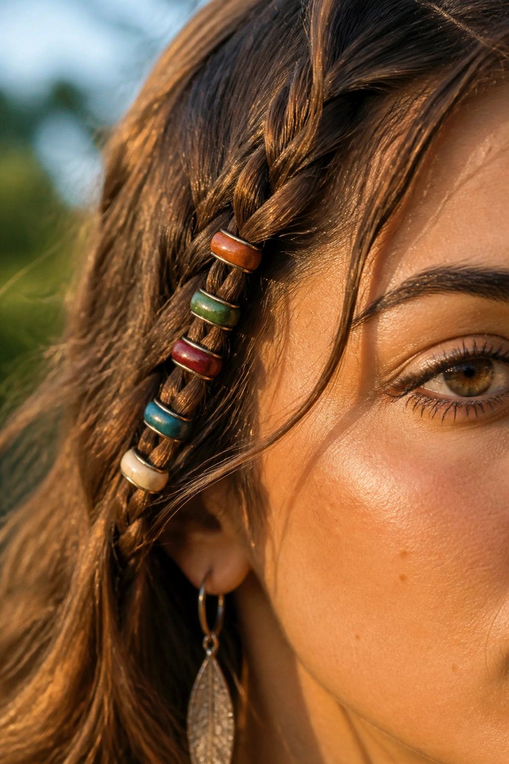Close-up of a braid with enamel color rings near the temple in warm outdoor light