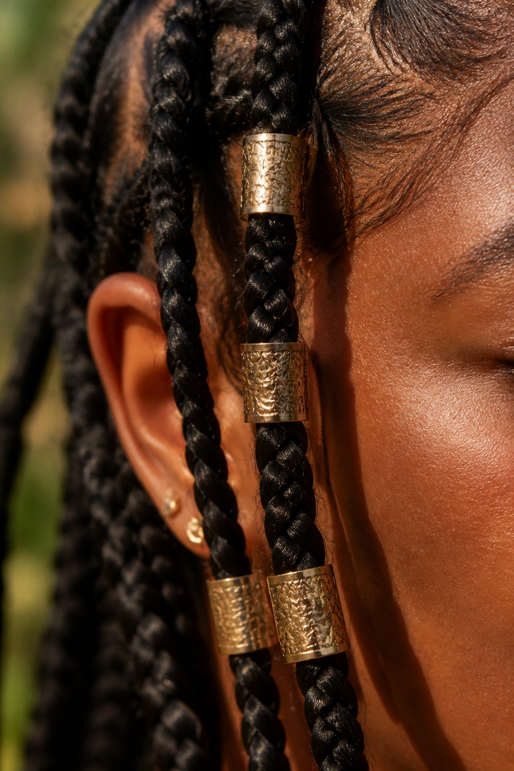 Engraved brass cuff on neat braid in sunlit setting